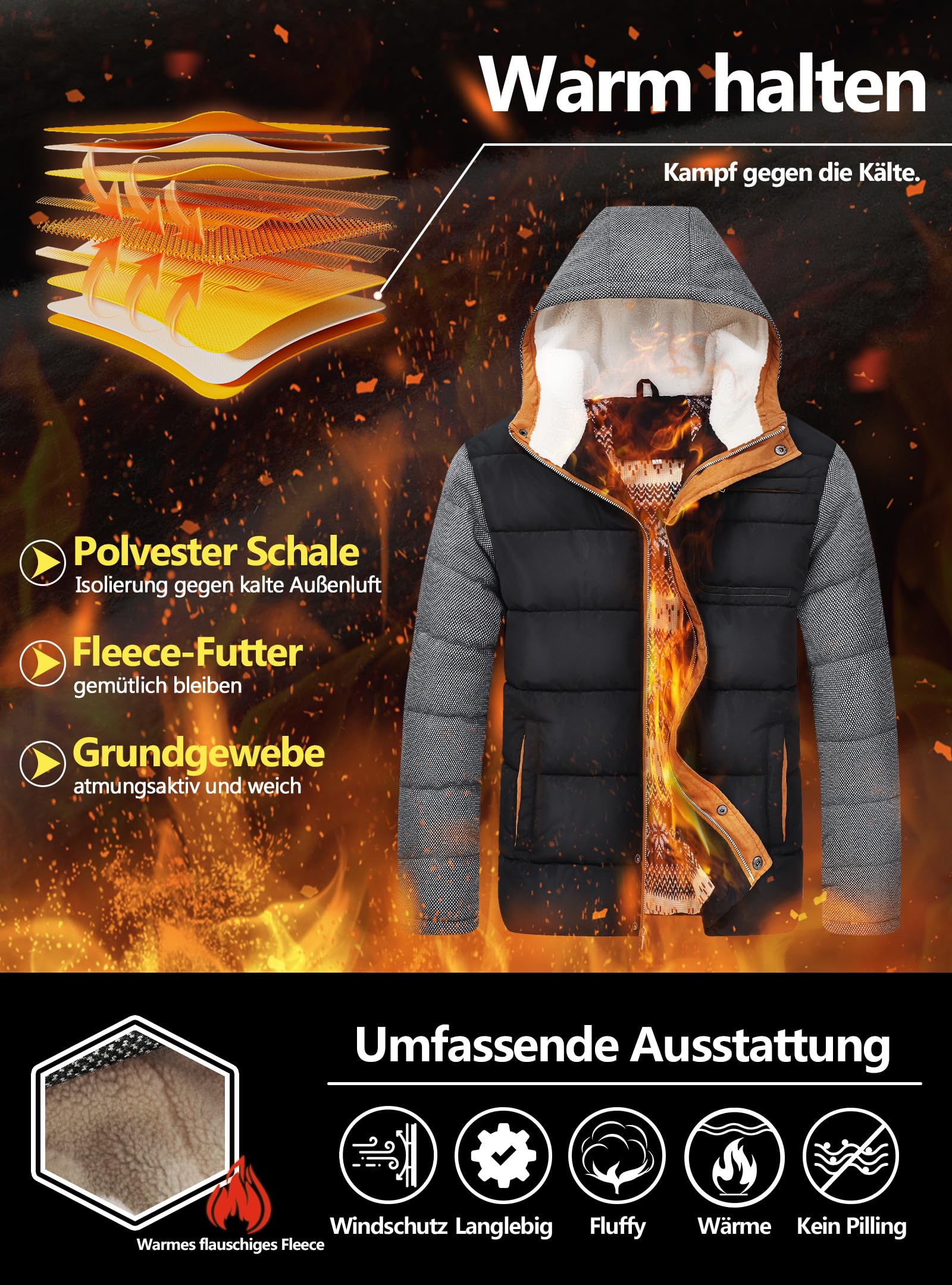 Zaitun Herren Winterjacke Warme Fleecejacke Gefüttert Windbreaker mit Kapuze Winddichte Outdoor Jacken Thermo Puffer Jacke