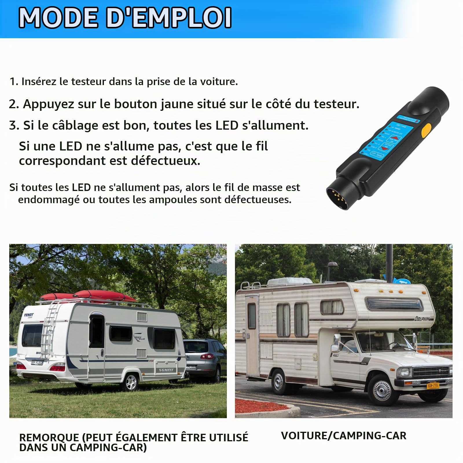 AOHEWEI 13 Broches Feux De Remorque Testeur pour Fiche Et Prise Diagnostic des Circuits électriques Câblage 12v Connecteur De Remorquage Voiture Caravane