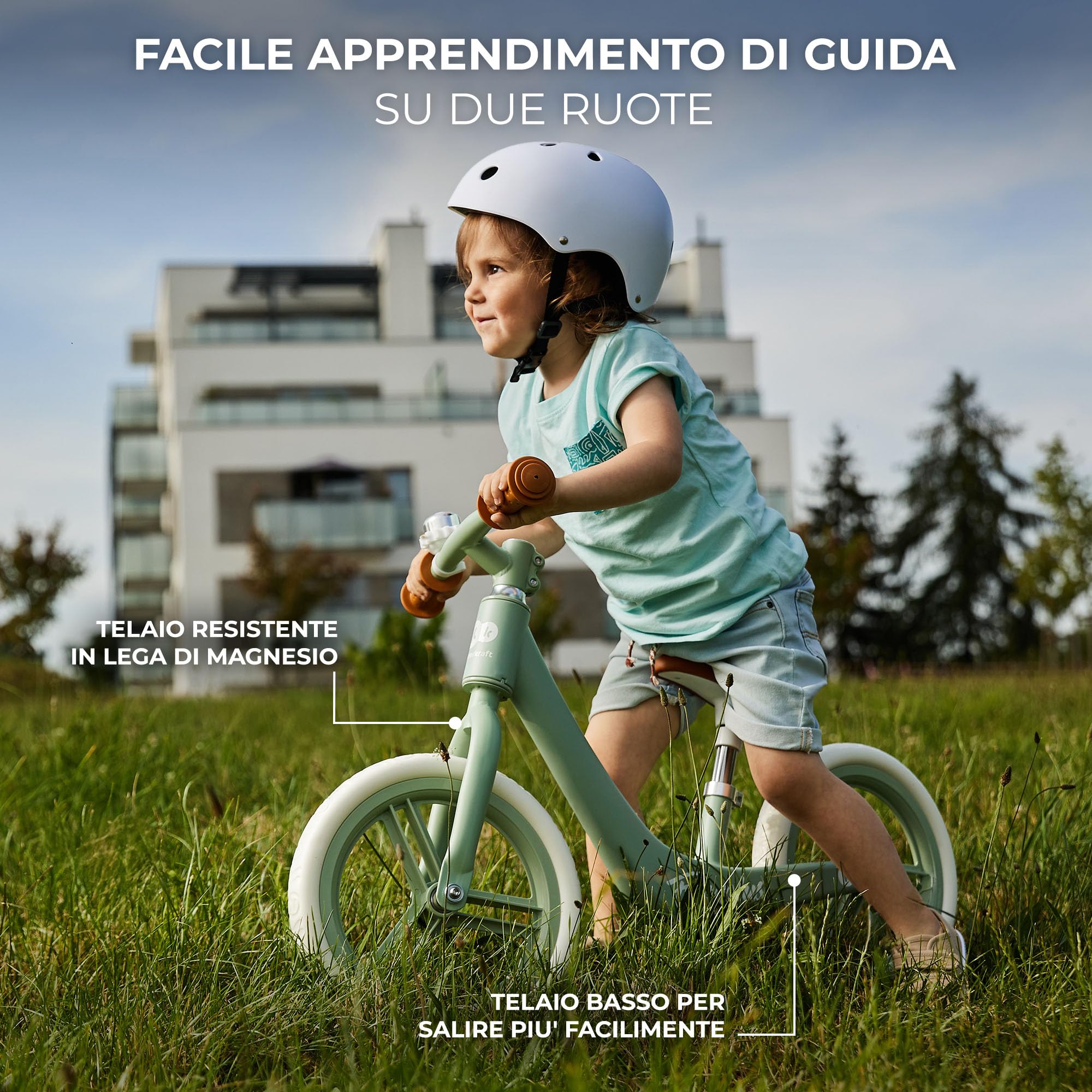 Kinderkraft FLY PLUS 2 Bicicletta bambini, Leggero Bici Senza Pedali, Stile Retro, Magnesium, Design retro, fino 2 Anni, Struttura leggera, 2.8kg, Sellino regolabile, Verde