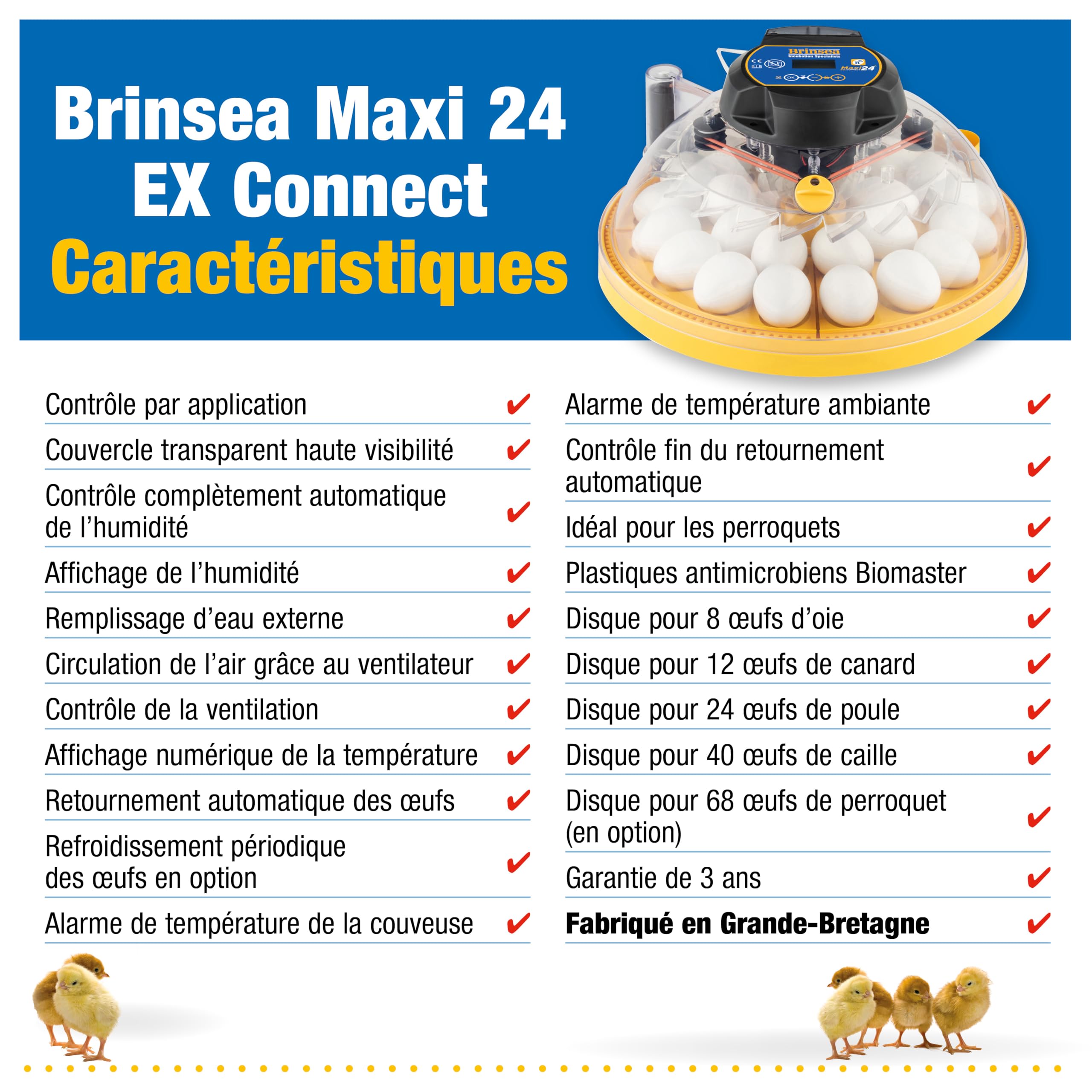 Incubadora Brinsea Maxi 24 EX Connect – Incubadora para 24 huevos de gallina con control completo mediante aplicación móvil.