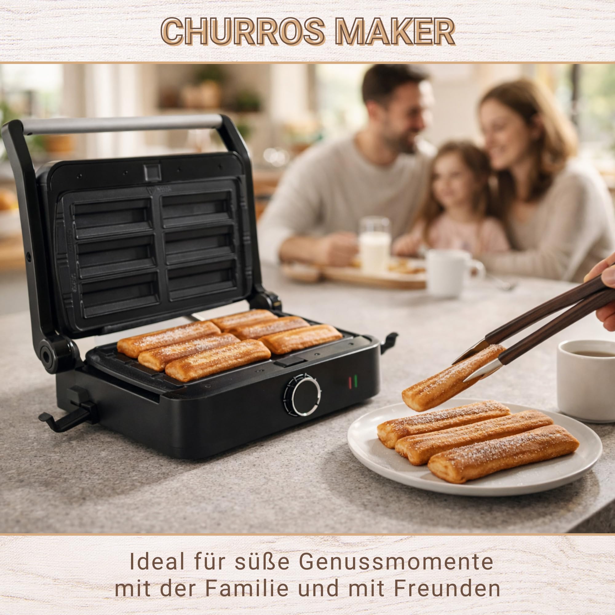 Syntrox Churros Kombigerät Multifunktionsmaker mit Wechselplatten, Kontaktgrill Edelstahl, Multifunktions Sandwichmaker, mit austauschbaren Platten, multifunktionales Küchengerät