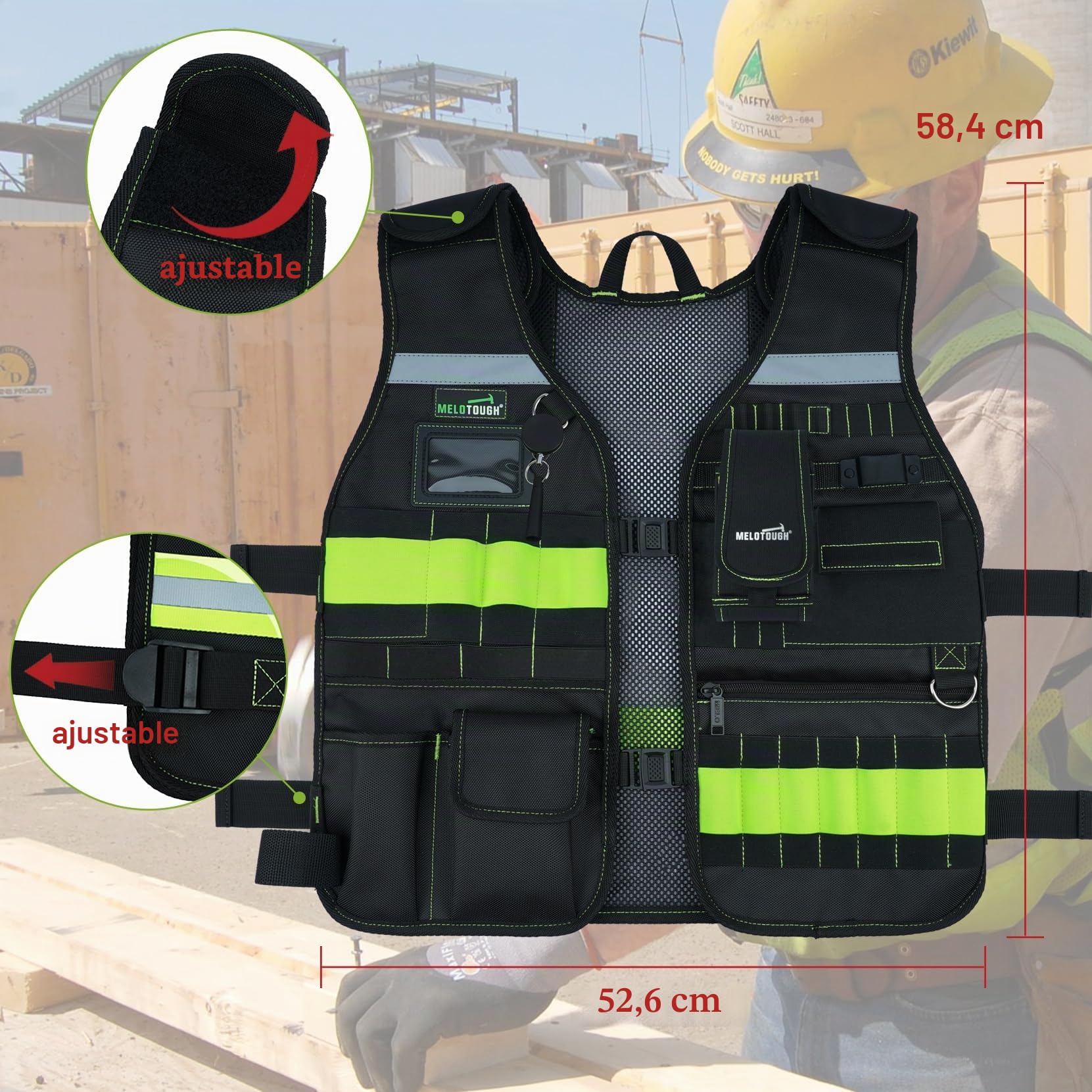 MELOTOUGH - Chaleco de trabajo de seguridad con correas ajustables, soporte extraíble para teléfono para electricista, construcción, carpinteros