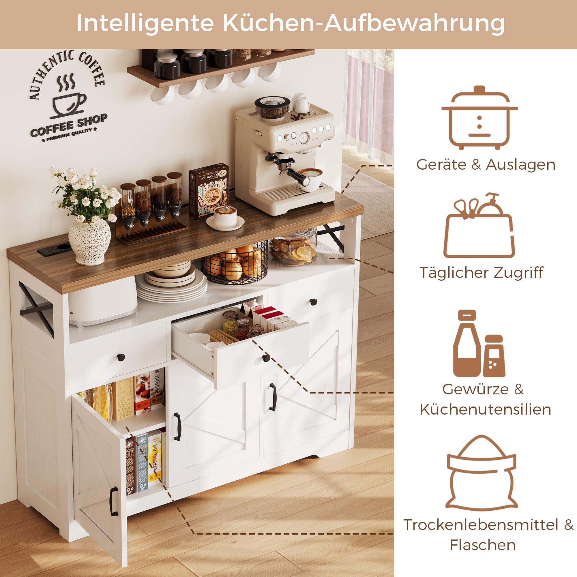IRONCK Küchenschrank Sideboard mit Steckdose 2AC+1USB+1C, Aufbewahrungsschrank 3 Schubladen 3 Türen, Küchenbuffet Kaffeebar Schrank für Wohnzimmer Esszimmer, verstellbare Ablage 107x35x95cm (Weiß)