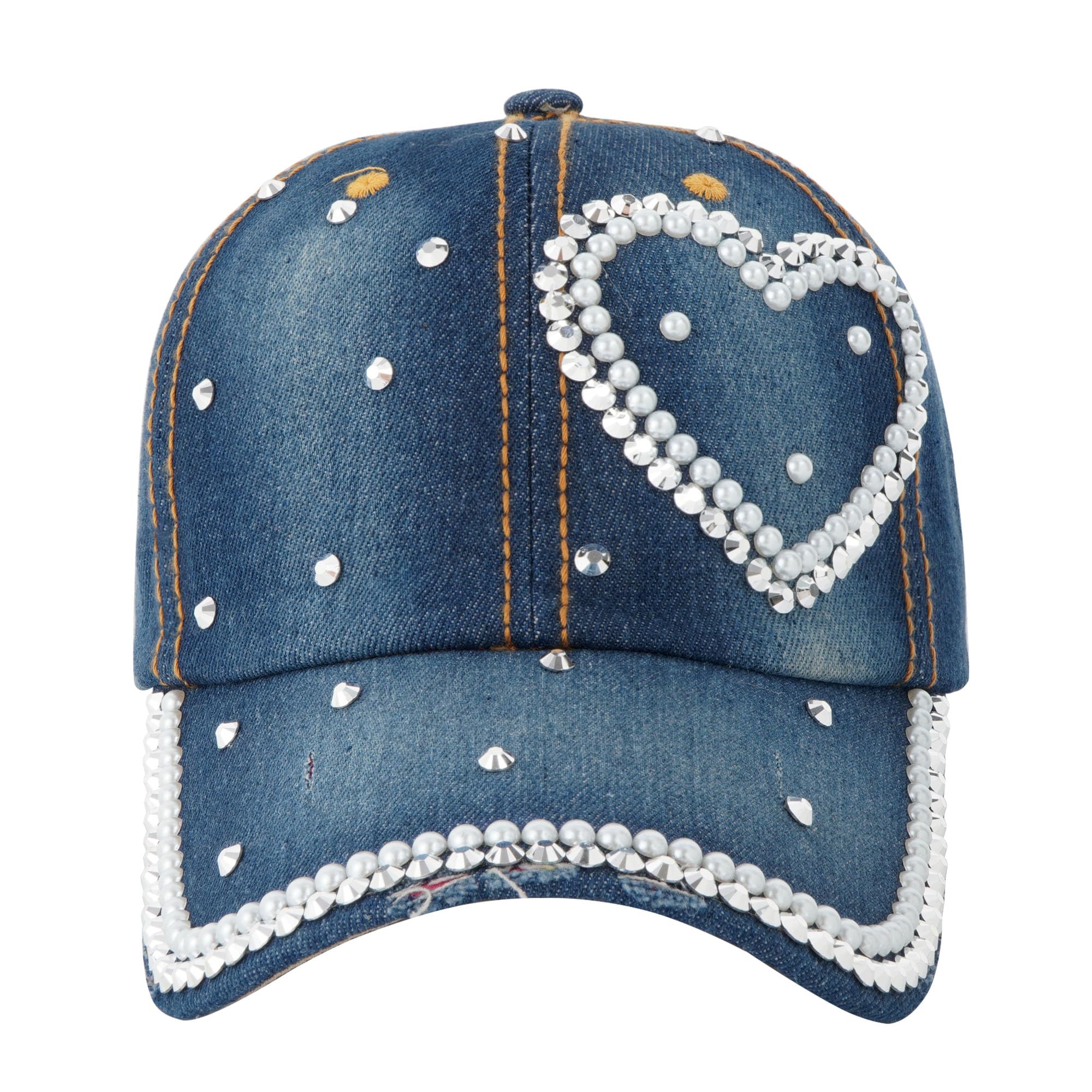 MEGAUK Damen Jeans Baseball Cap Denim Baseballkappe Washed Cotton Used Look Basecap Verstellbare Vintage Basecap Nieten Punk Kappe Für Großen Kopf