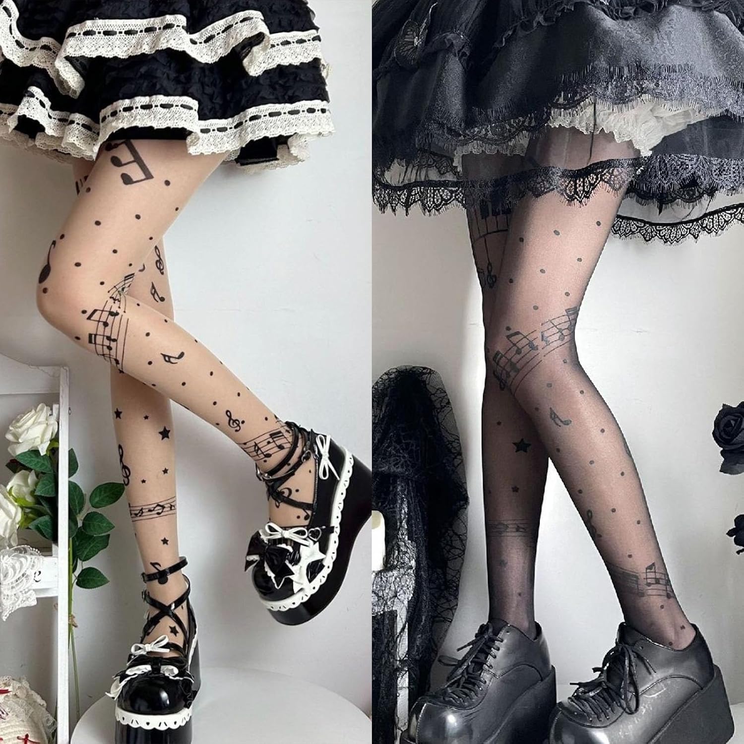 Womens Whimsy Twee Piano Tights Funky Patterned Stockings Emo Scene Alt Whimsical Clothes Y2k Aesthetic image 2