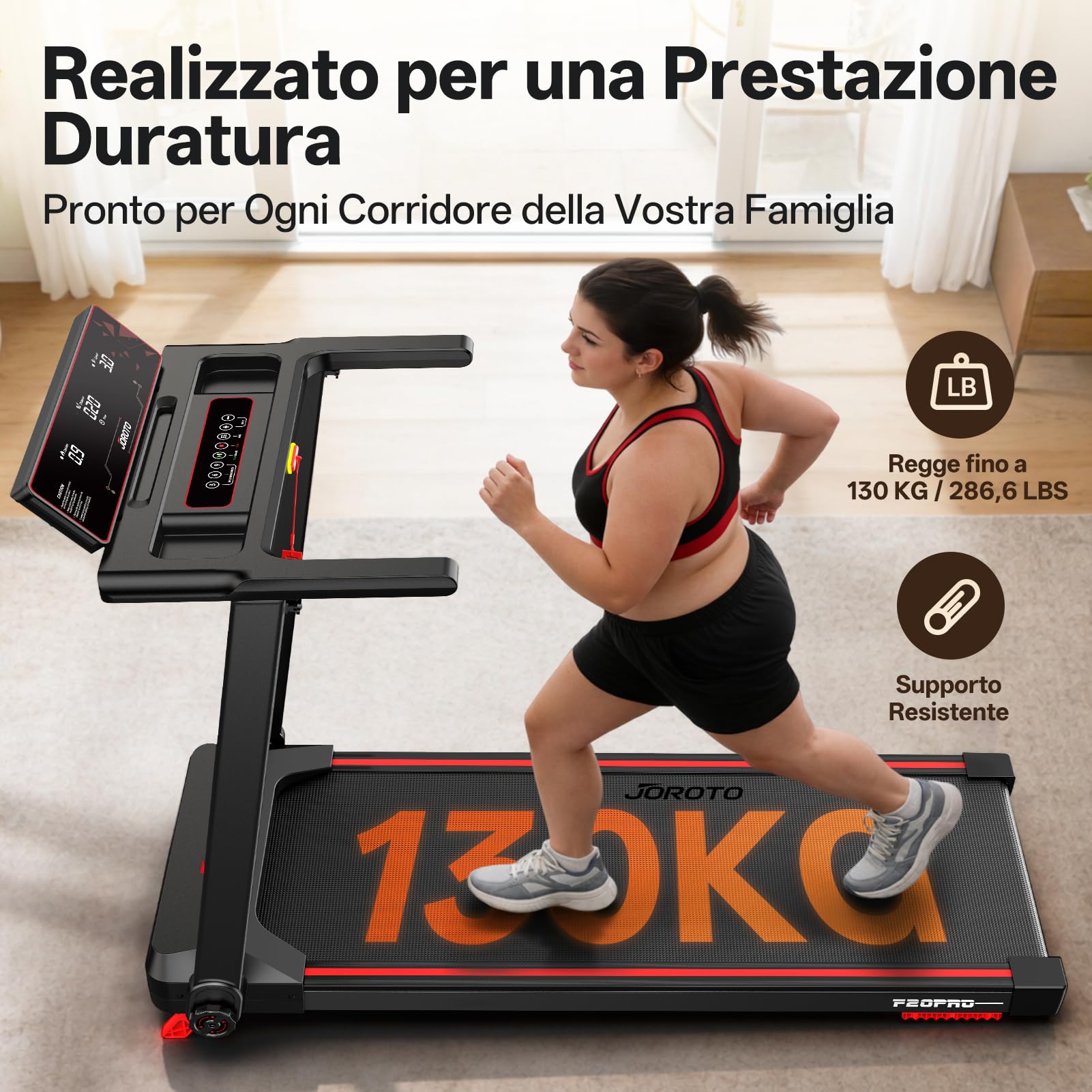 JOROTO Tapis Roulant Pieghevole per Casa, Motore 2,5PS, Pendenza 8%, Velocità 1-12 KM/H, Nastro Largo, Display LED, Portata Max 130KG, Compatto con Maniglie per Camminare e Correre