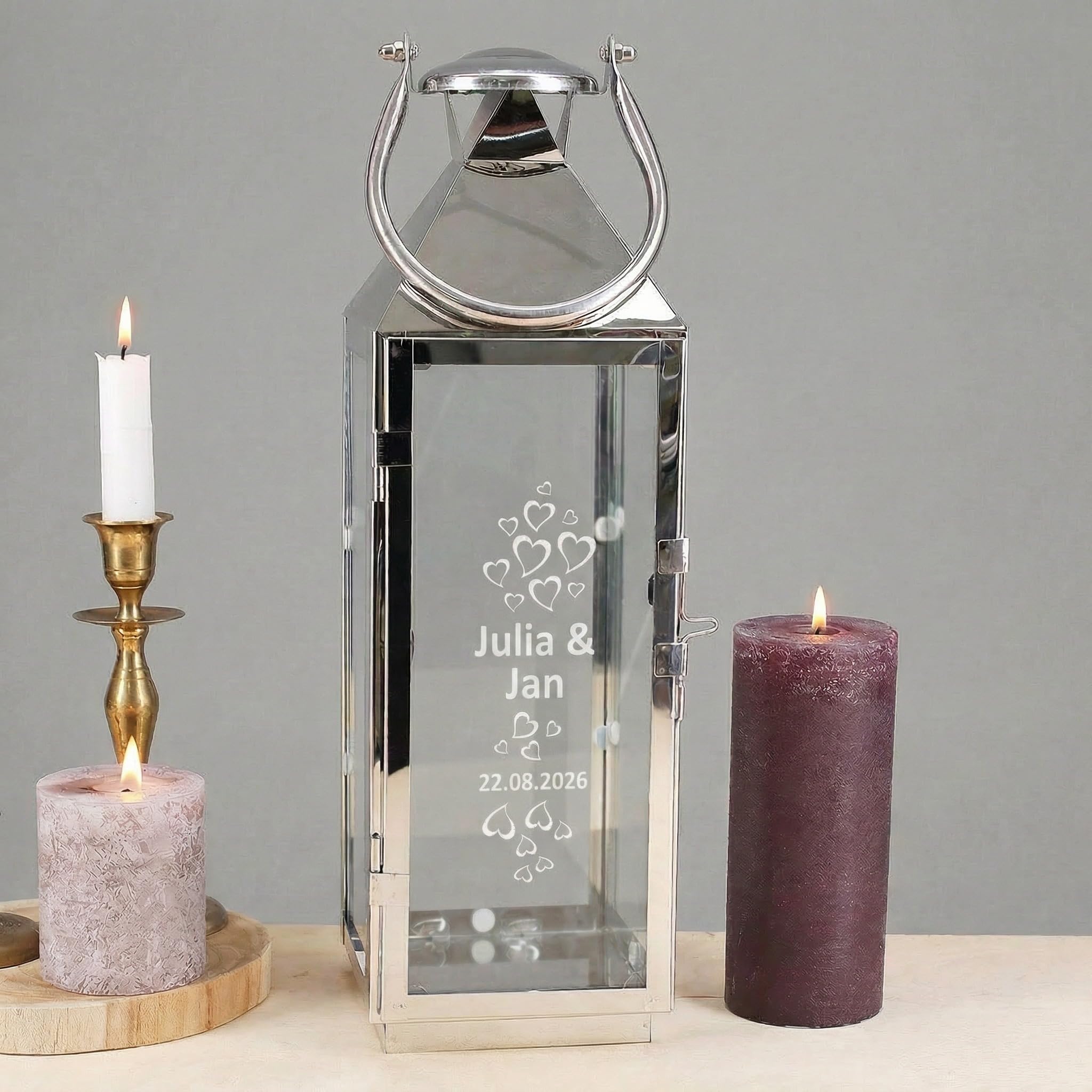 Herz & Heim® personalisierte Hochzeitsgeschenke Laterne mit Gravur Geschenk zur Hochzeit - Herzen - mit Namen und Datum 40 cm ideal als Erinnerung an den Hochzeitstag