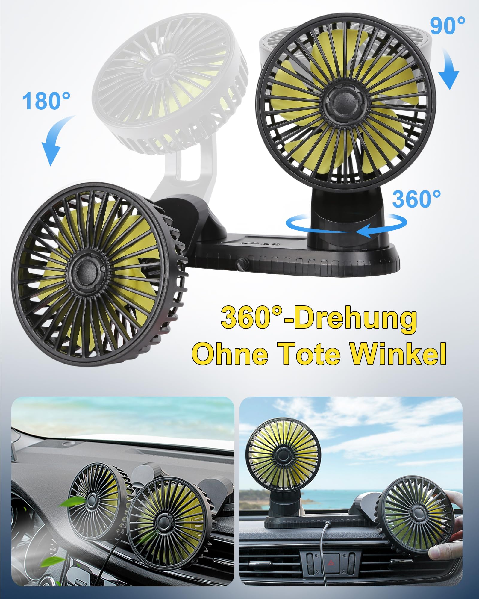 Ventilador de Coche 12/24v, 360 ° Giratorio Cabezas Dobles Ventilador Portatil, Mini Ventilador con 3 Velocidades USB para Coche SUV Vehículo de Crucero RV