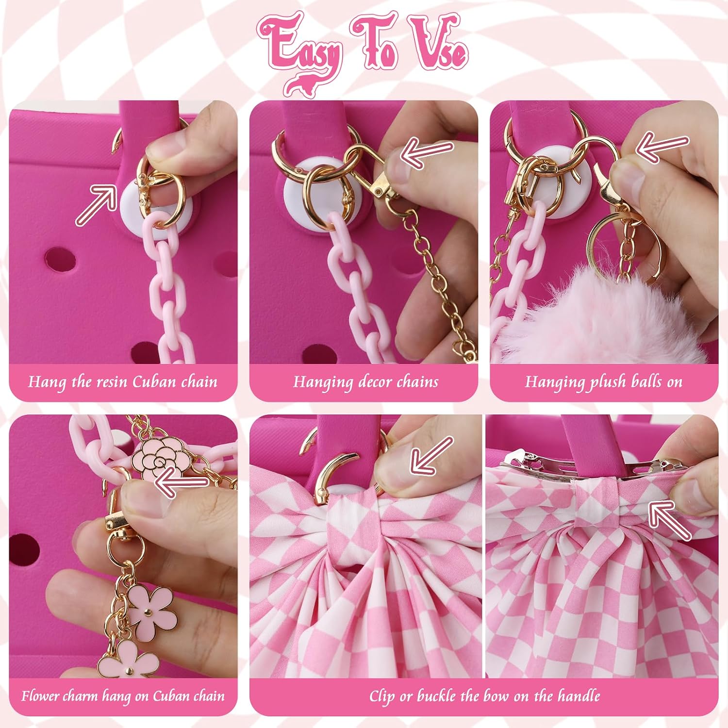 5PCS Tote Bag Charms Kit, Bag Accessories for YETI Camino 20/35/50 Carryall & Bogg Beach Tote Bag Decor Kit, Bow, Plush Ball, Flowers Charm, Cuba & Decorative Chain for Girls Women