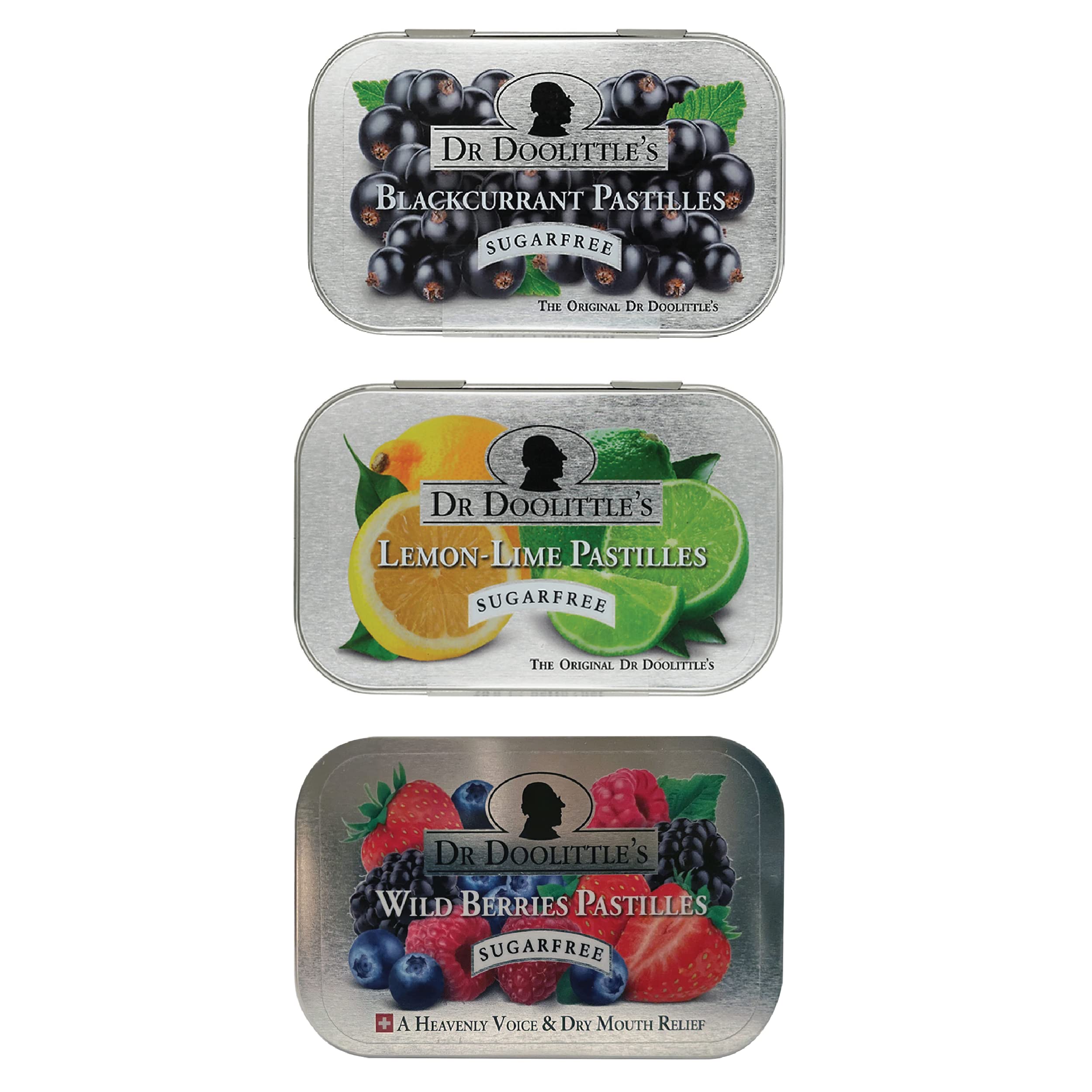 DOOLITTLE Sugar Free Soft Fruit Pastilles for Voice and Throat, Blackcurrant, Lemon Lime, and Wild Berries Variety Flavor Pack, 2.12 Ounce Tin, Approximately 25 Count Package, 3 Tin Gift Set