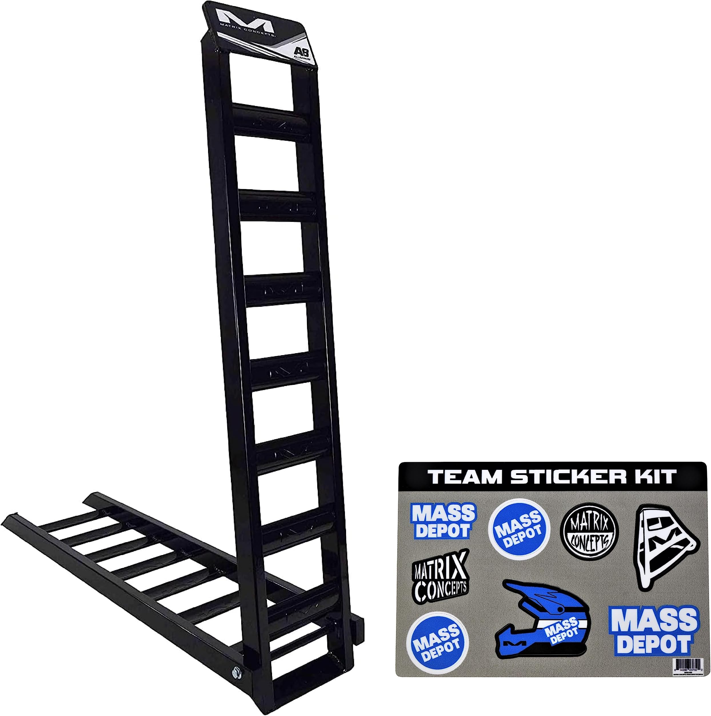 Matrix Concepts A8 Folding Ramp Aircraft Aluminum Construction with 550+ lbs Weight Capacity for Dirt Bikes, ATV & UTV Includes Sticker Pack (Black/White)