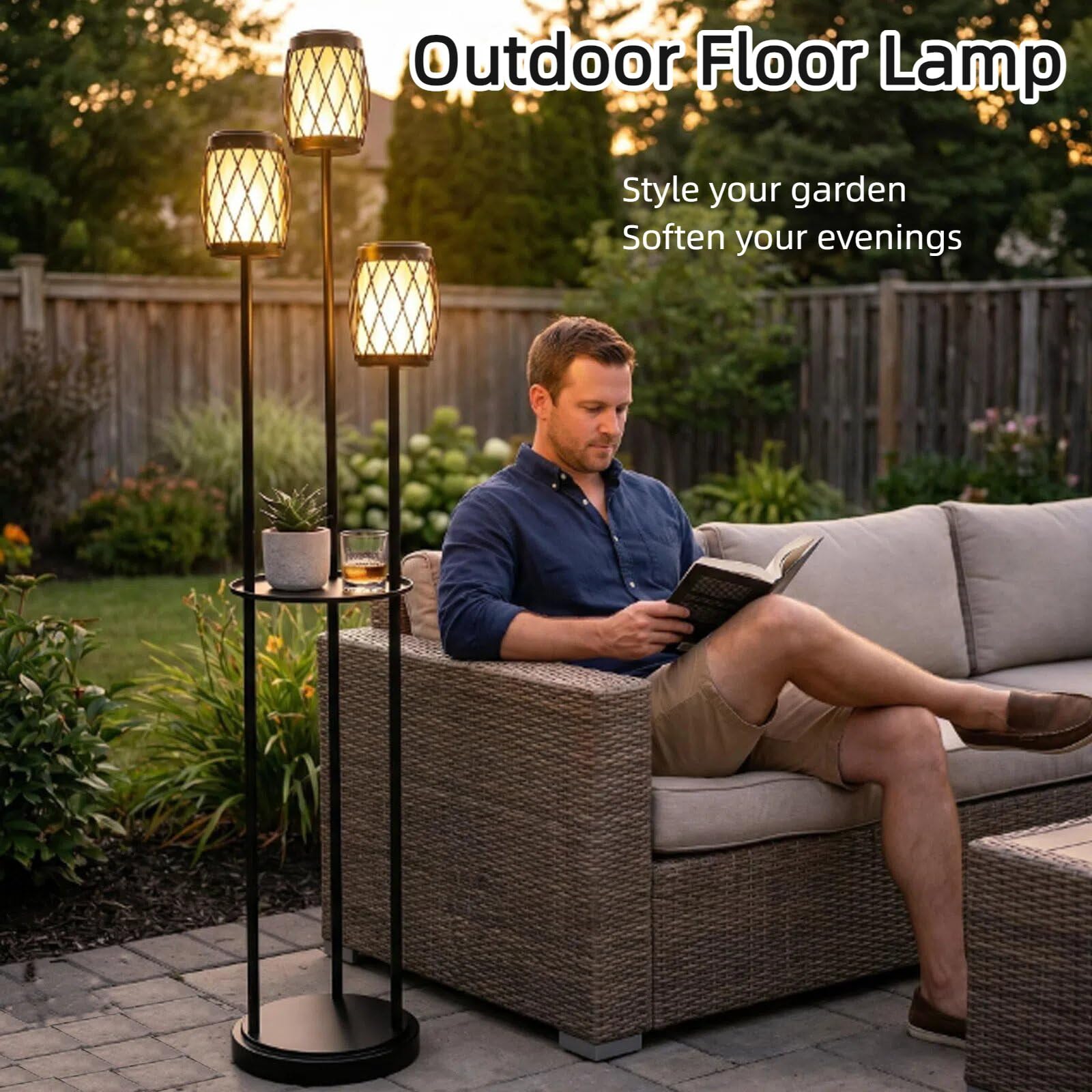 Lámpara solar de pie para exteriores, 3 cabezales, impermeable, de metal, poste con maceta y estantes, resistente al óxido, para todo tipo de clima, lámpara de pie para patio, terraza, jardín