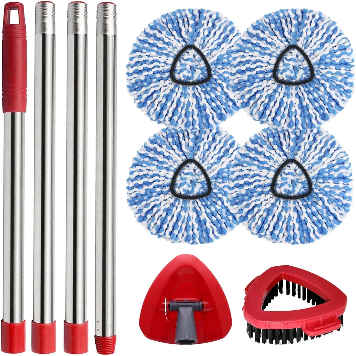 Small Spin Mop Replacement Head for O Cedar RinseClean 2-Tank System, 4 Fluffy Microfiber Mop Refills with 1 Small Base & 1 Scrubber Head & 30-58in Mop Handle, Deep Clean, Machine Washable