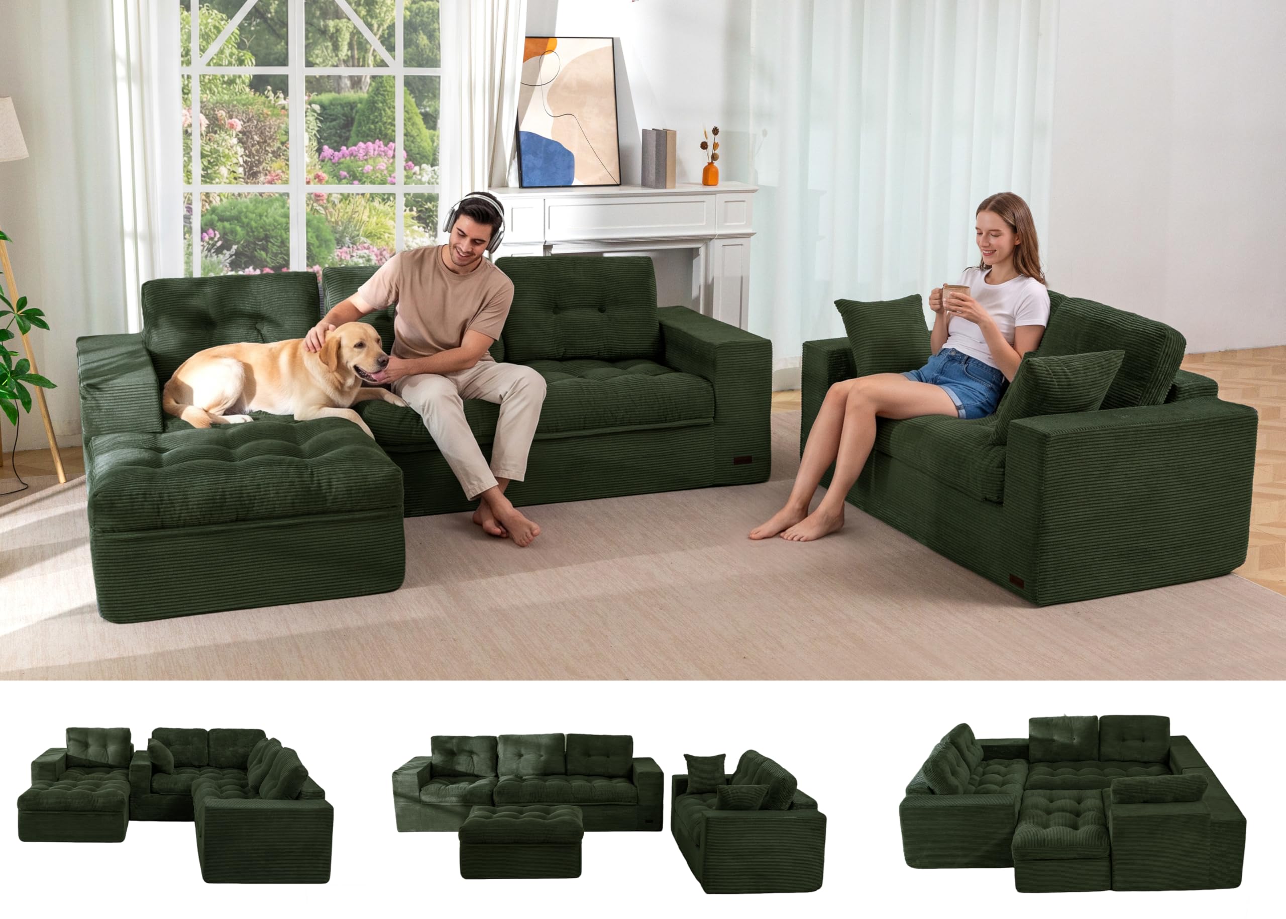 MAXYOYO Modular Sectional Sofa with Ottoman and Loveseat, Cloud Boneless Couch with Layered Cushion, Flexible Module Combination Sofa for Living Room, No Assembly Required,Dark Green