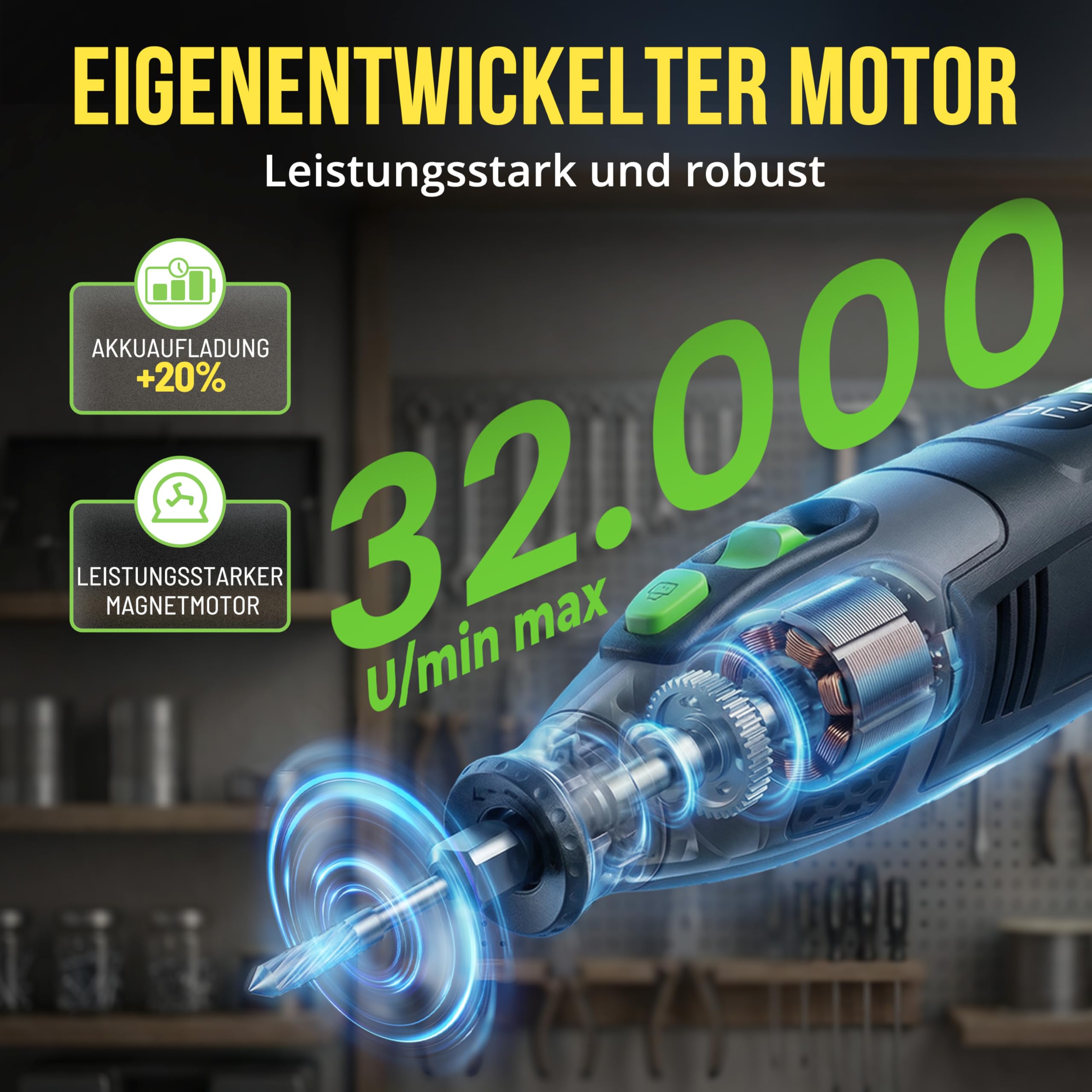 Multifunktionswerkzeug Akku, 28 Einstellbare Geschwindigkeiten mit LCD Display, variable Drehzahl 8000–32000 U/min, Rotationswerkzeug mit 40 Zubehörteilen