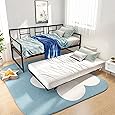 DWVO Twin Daybed with Trundle, Metal Sofa Bed Frame with Wood Headboard and Pull-Out Trundle, Adjustable Height Trundle Daybed for Guest Room, Living Room, Easy Assembly, Black