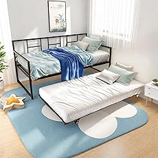 DWVO Twin Daybed with Trundle, Metal Sofa Bed Frame with Wood Headboard and Pull-Out Trundle, Adjustable Height Trundle Daybed for Guest Room, Living Room, Easy Assembly, Black
