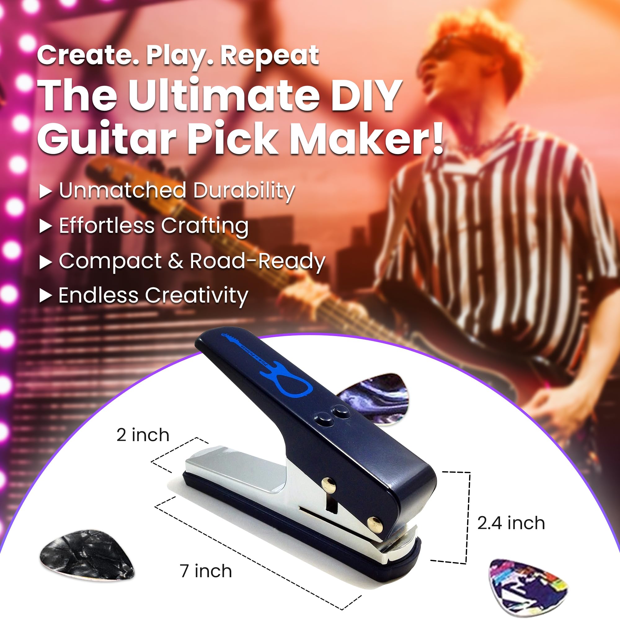 Púas de guitarra DIY Mega Pack de regalo – El fabricante de púas de guitarra premium – Incluye soporte de cuero para llavero, 15 tiras de púas y un archivo de púas, perforador azul,