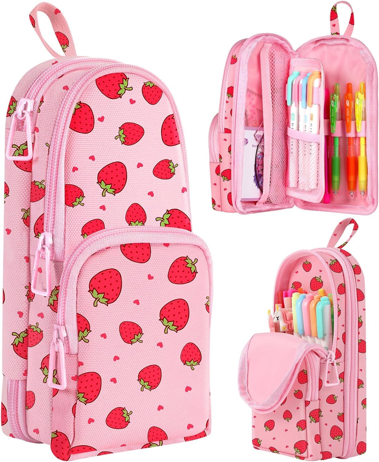 Dravina Canvas Large Capacity Pencil Pouch with 3 Zippers & 5 Compartments| Aesthetic Stationary Standing Pencil Case| Waterproof School Box for Girls & Boys Unicorn Pencil Box (Pink Strawberry) (B0D4F15FW3) Amazon Price History, Amazon Price Tracker