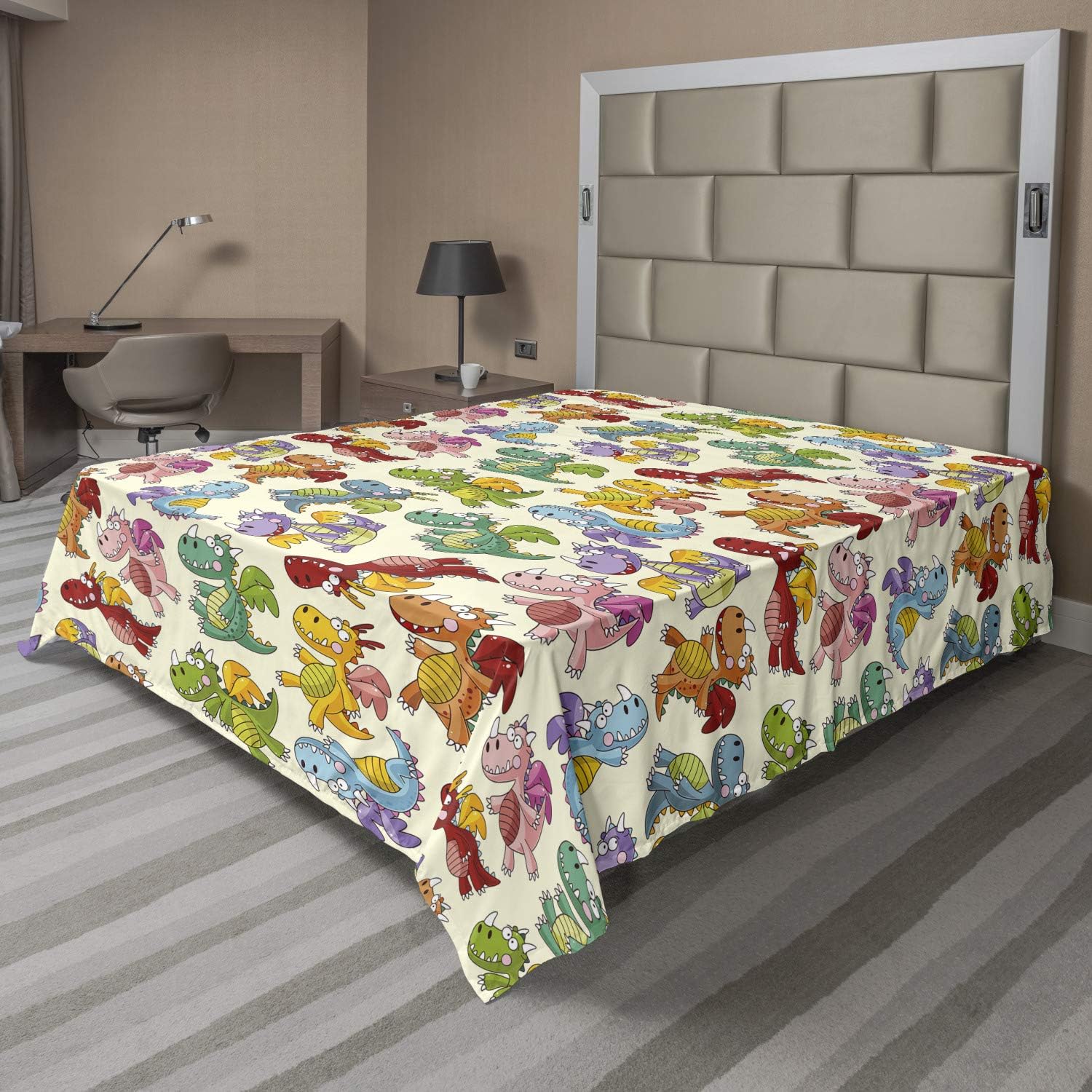 Ambesonne Cartoon Flat Sheet, Colorful Design Funny Dinosaur Pattern Jurassic Themed Print Modern, Soft Comfortable Top Sheet Decorative Bedding 1 Piece, Full Size, Pastel Yellow Multicolor