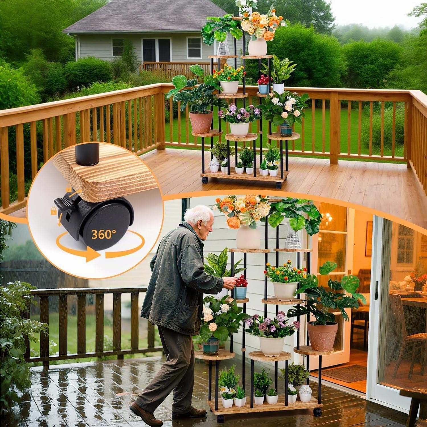 Blumenständer mit Rollen 9 Etagen Pflanzenregal Holz Pflanzentreppe Hoch Blumentreppen Metall Blumentreppe Indoor Blumenregal Innenbereich für Balkon Wohnzimmer Terrassen Wohnung