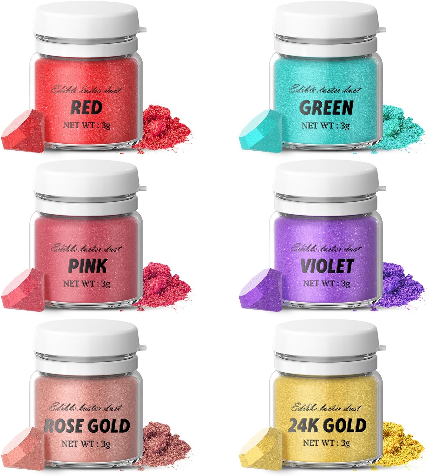 Luster Dust Edible Set-Wayin 6 Colors Edible Glitter Set, Food Grade Shimmer Dust for Drinks Cocktail, Cake Decorating Coloring Powder for Strawberries, Fondant, Chocolate, Candy, Cupcakes (3g/Bottle)
