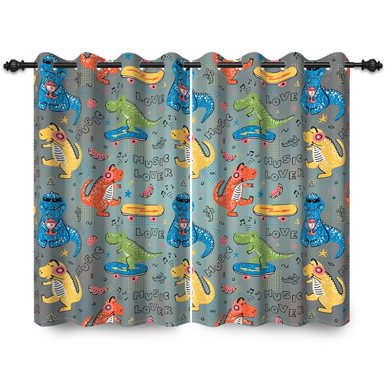 ggaimwf 42"x 63" Cartoon Dinosaur Eyelet Curtain for Kids Bedroom Cute Dino Skateboard Thermal Grommet Room Dividers Blackout Window Drapes for Nursery Boys Girls Playroom Living Room,2 Panels - Image 2
