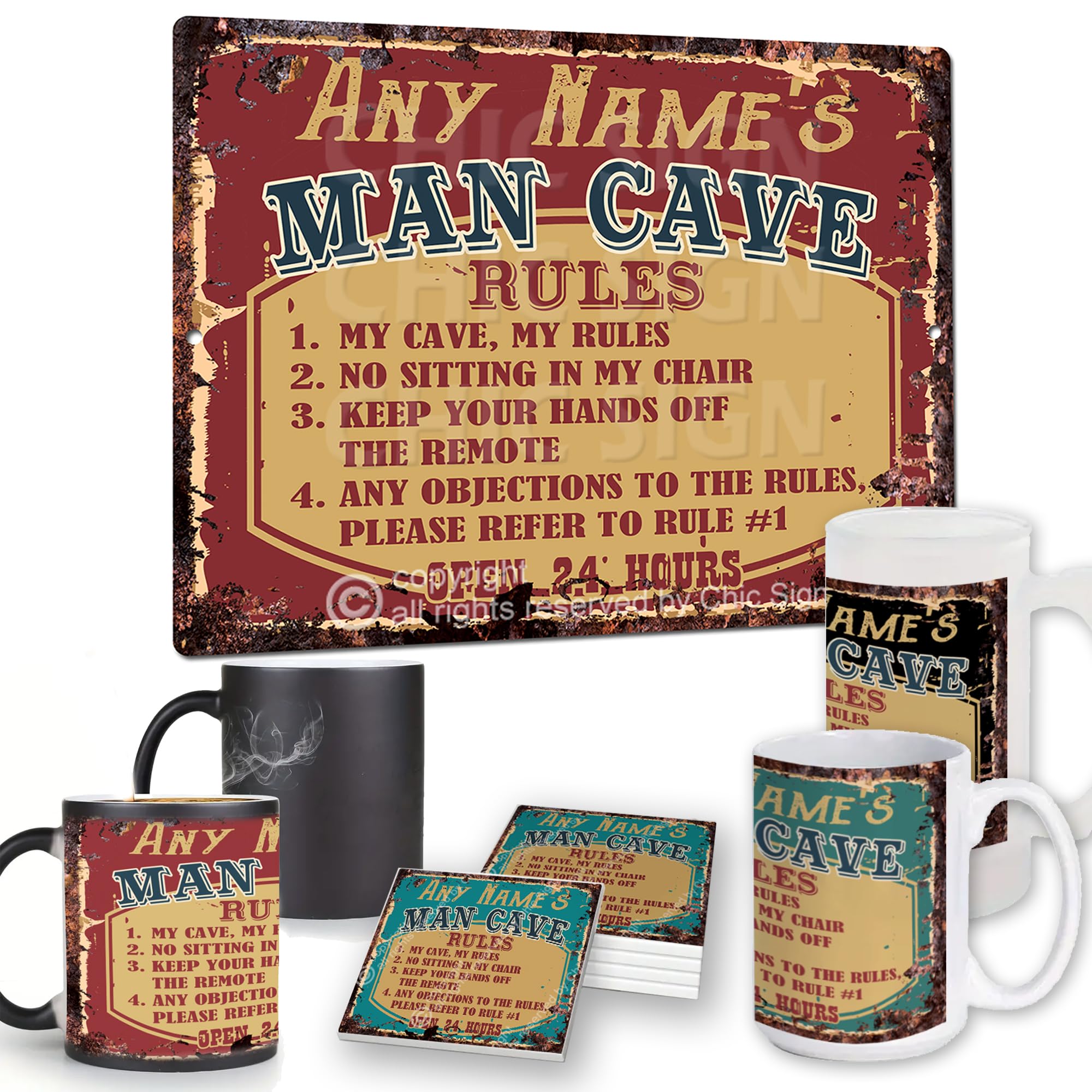 Any Name's Man CAVE Rules Custom Personalized Chic Sign coaster Mugs Rustic Vintage Style Retro Kitchen Bar Pub Coffee Shop Decor 9"x 12" Metal Plate