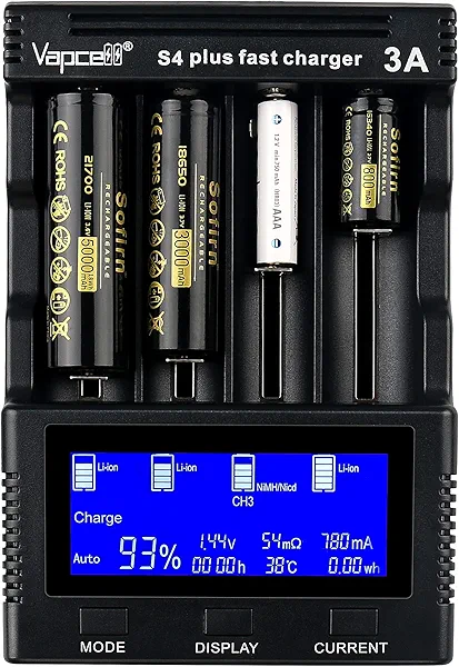 Sofirn Universal 4 Bay Smart Battery Charger with LCD Display for 18650 21700 26650 14500 16340 and AA AAA Rechargeable Ni-MH Batteries (5V DC, 3A, Version 3.0)