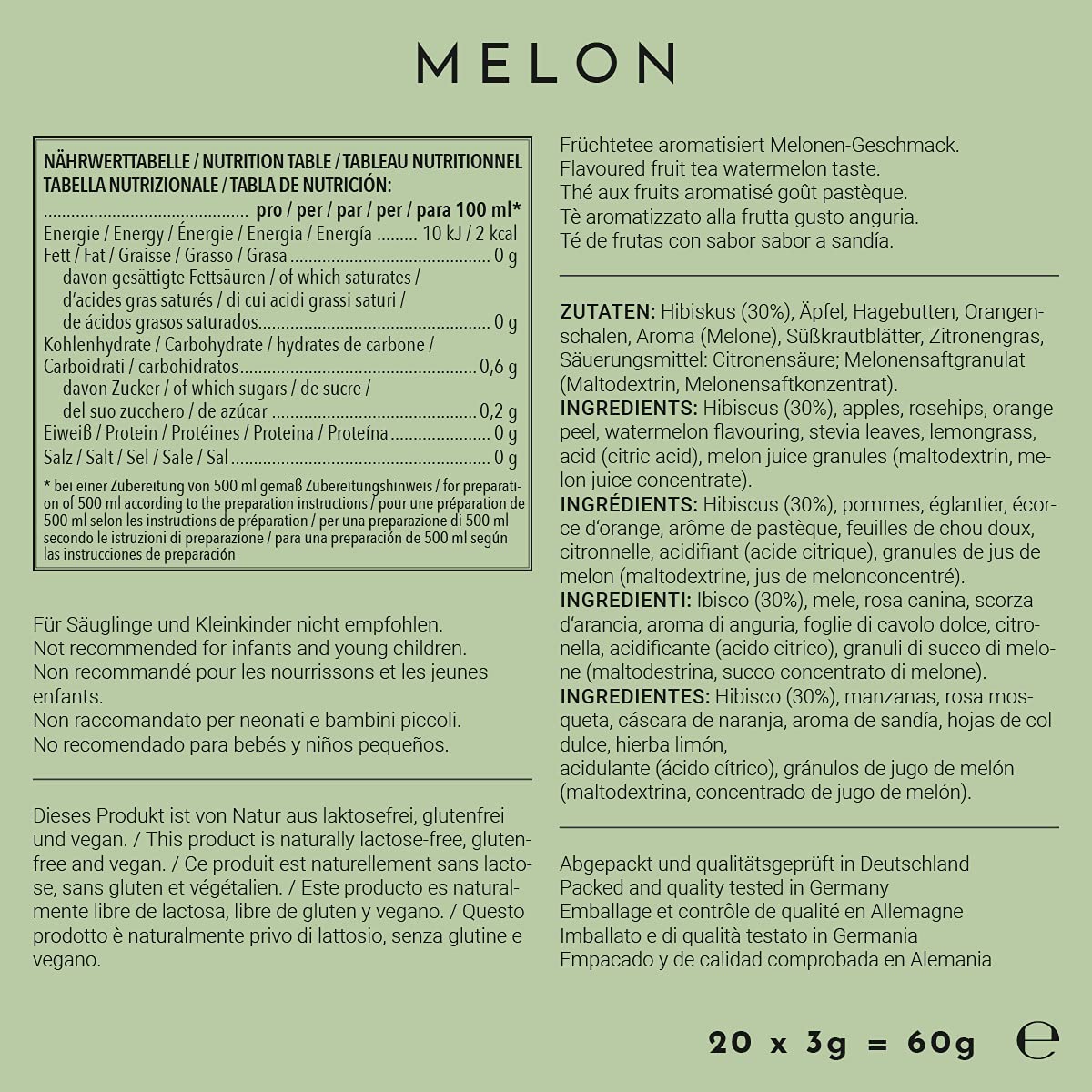 720°DGREE Sabor para Agua "InFuuzed" - Melón 1x 20 sobres - Bebida fría sin Azúcar, Calorías - Naturalmente deliciosa para botella - Alternativa a limonada, té helado, jarabe, pastillas efervescentes