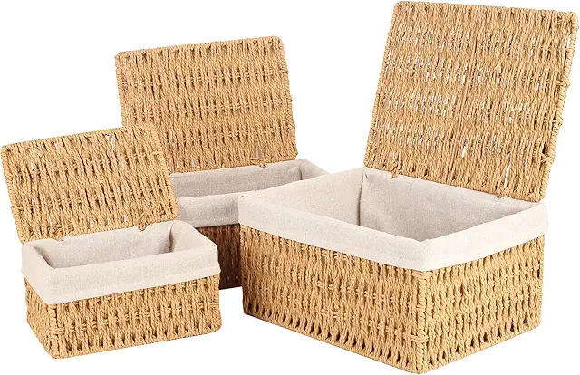 Set de 3 Cestas de Junco Almacenaje con Tapa, Apilables y Decorativas
