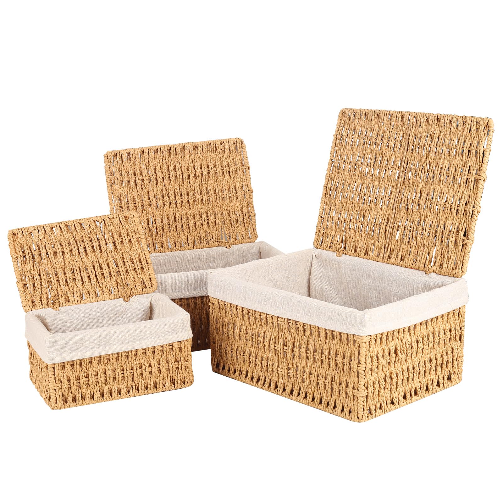 Set de 3 Cestas Almacenaje con Tapa, Cestas Organizadoras Rectangulares Cajas de Mimbre Tejida Apilable Decorativo con Asas Ideal para Baño, Cocina o Decoración del Hogar