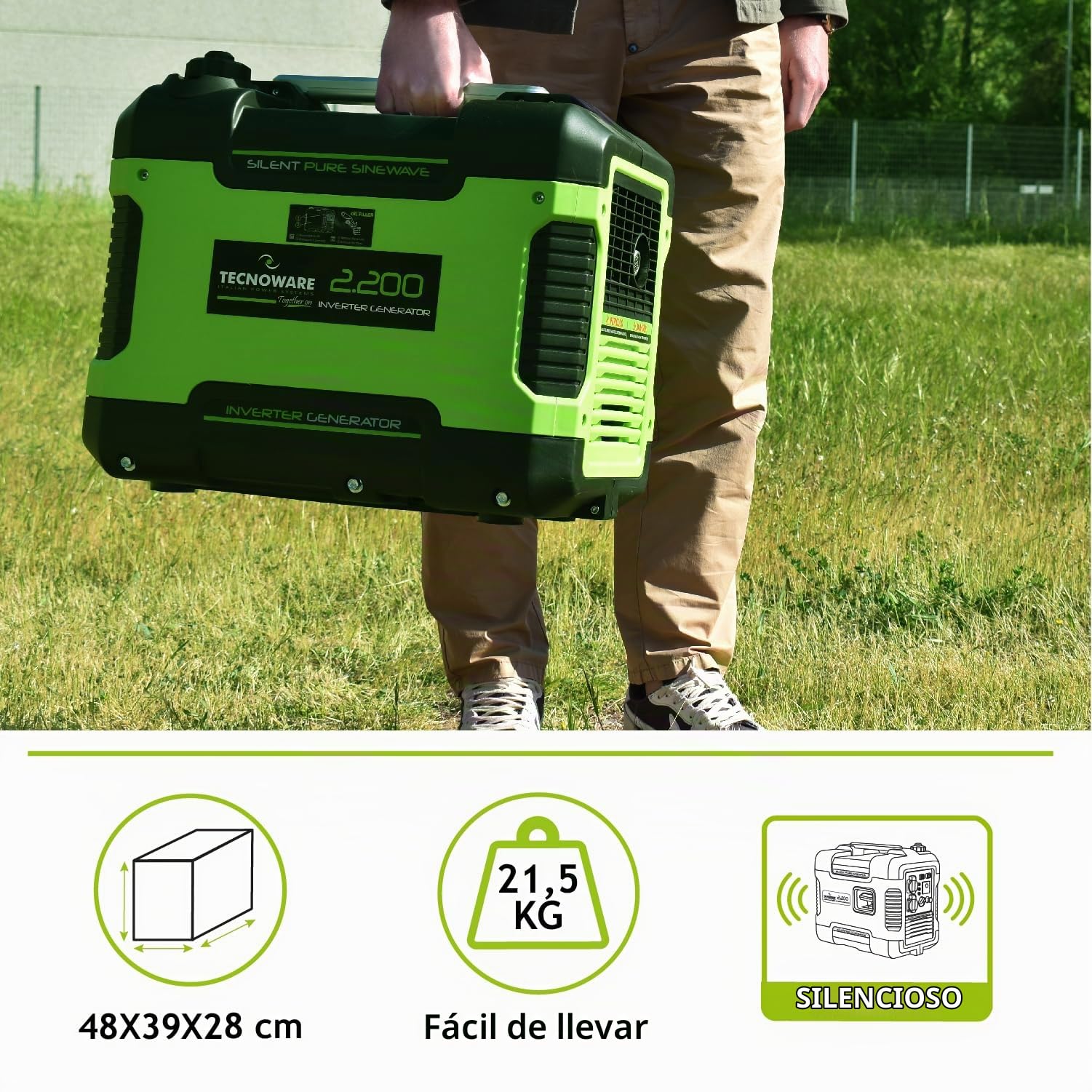 Tecnoware Power Systems - Generador Eléctrico Portátil 2200VA, Inverter Silencioso 58dB, Motor OHV 4 Tiempos, Eco Speed Control, 2 Tomas Schuko, Generador Gasolina Inverter, Verde, 2200 VA