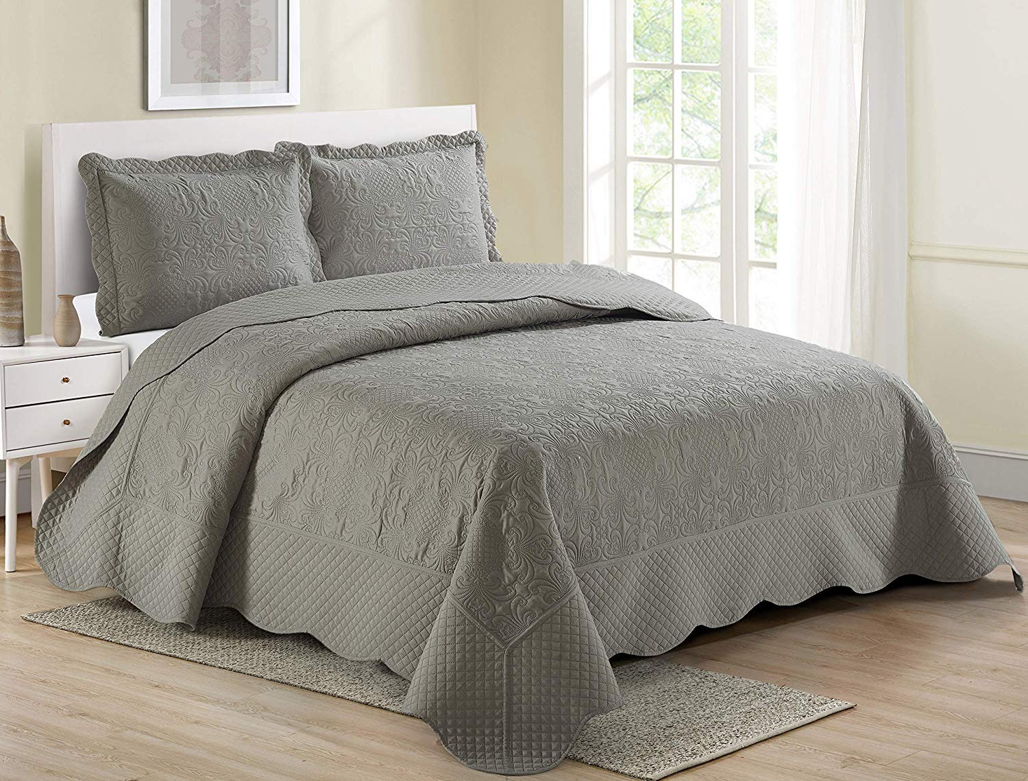 Better Home Style 3 Piece Luxury Ultrasonic Embossed Solid Quilt Coverlet Bedspread Oversized Bed Cover Set # Veronica (Full/Queen, Grey)
