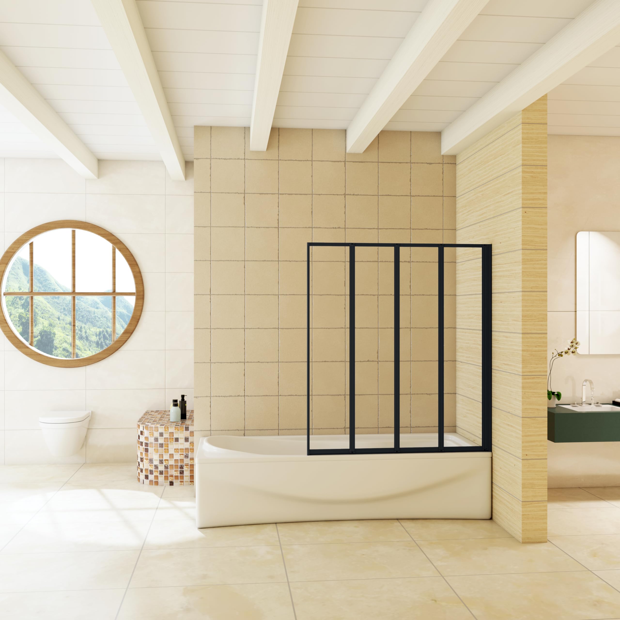 Mampara de bañera plegable 4 hojas, perfil negro mate, 4mm cristal templado, 140x90cm
