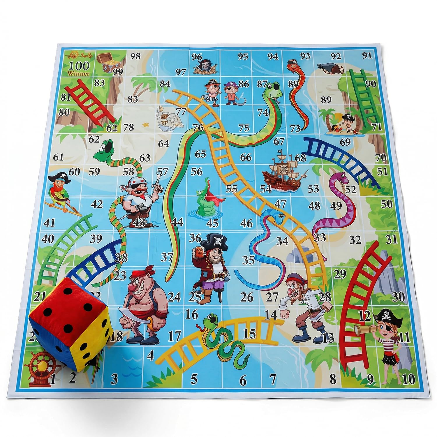 Atpata Funky Kid 100 Blocks 10x10 Feet Giant Outdoor Snakes & Ladders Lifesize Floor Game Mat with Jumbo Dice (Pirate Theme), Multicolor 1
