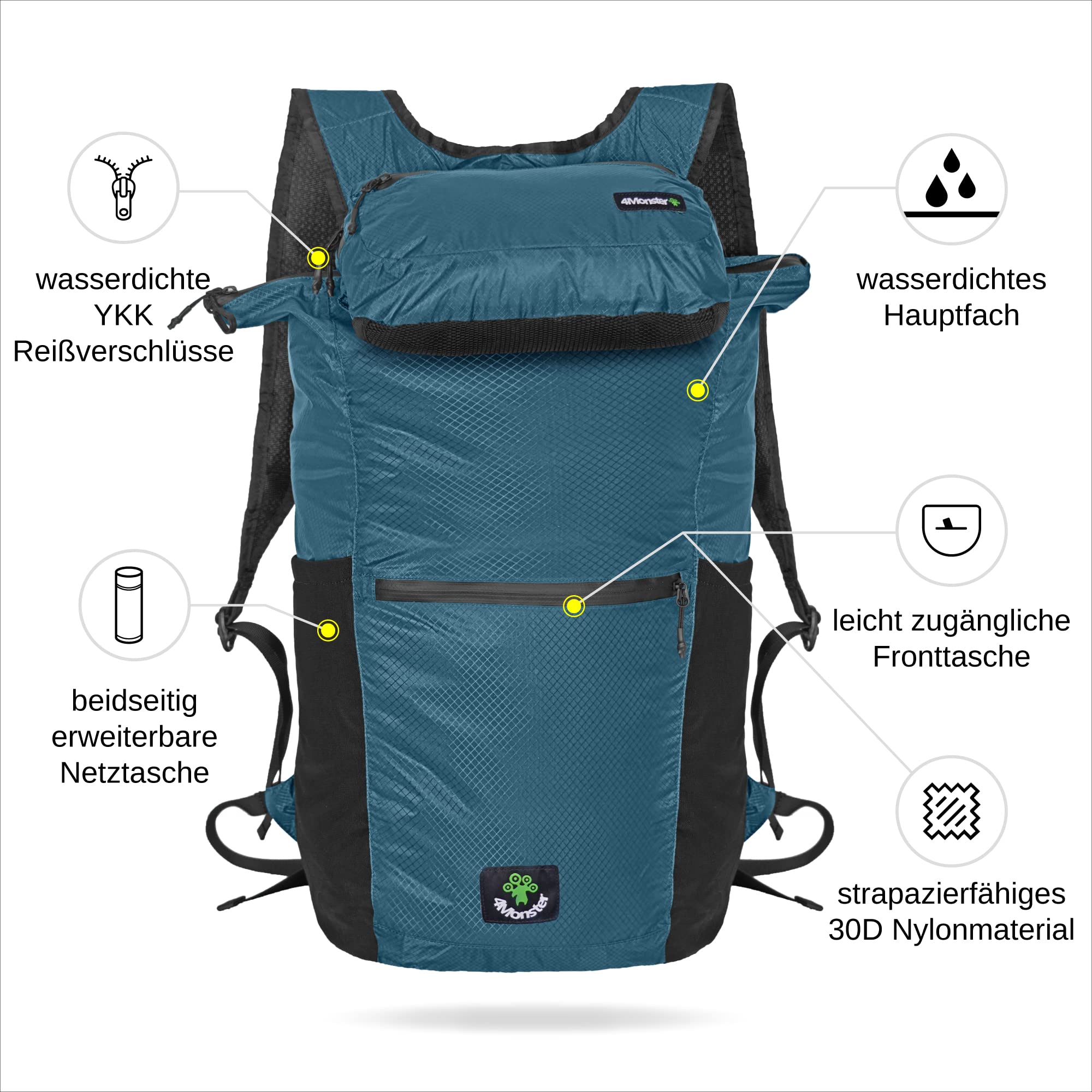 4Monster Zaino pieghevole ultra leggero, unisex per attività all'aperto, 2 in 1, zaino da trekking impermeabile