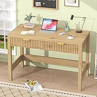 Vista 4 de Escritorio estriado para computadora con 2 cajones, escritorio pequeño de computadora de 39 pulgadas con almacenamiento, escritorio de estudio