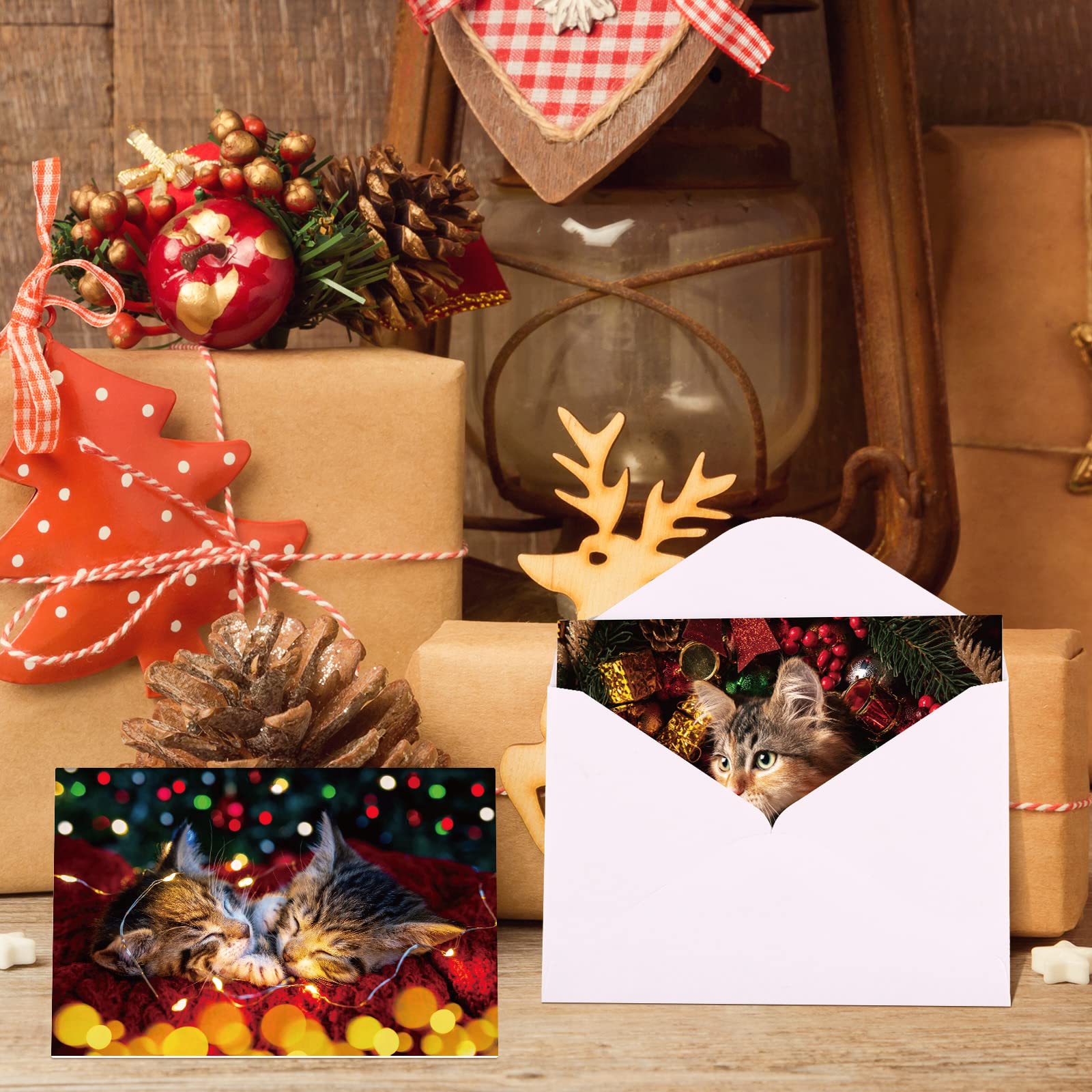 Lot de 120 cartes de vœux de Noël avec enveloppes autocollantes - 15,2 x 10,2 cm - 6 motifs - Cartes de vœux amusantes - Motif chat et chapeau de Père Noël