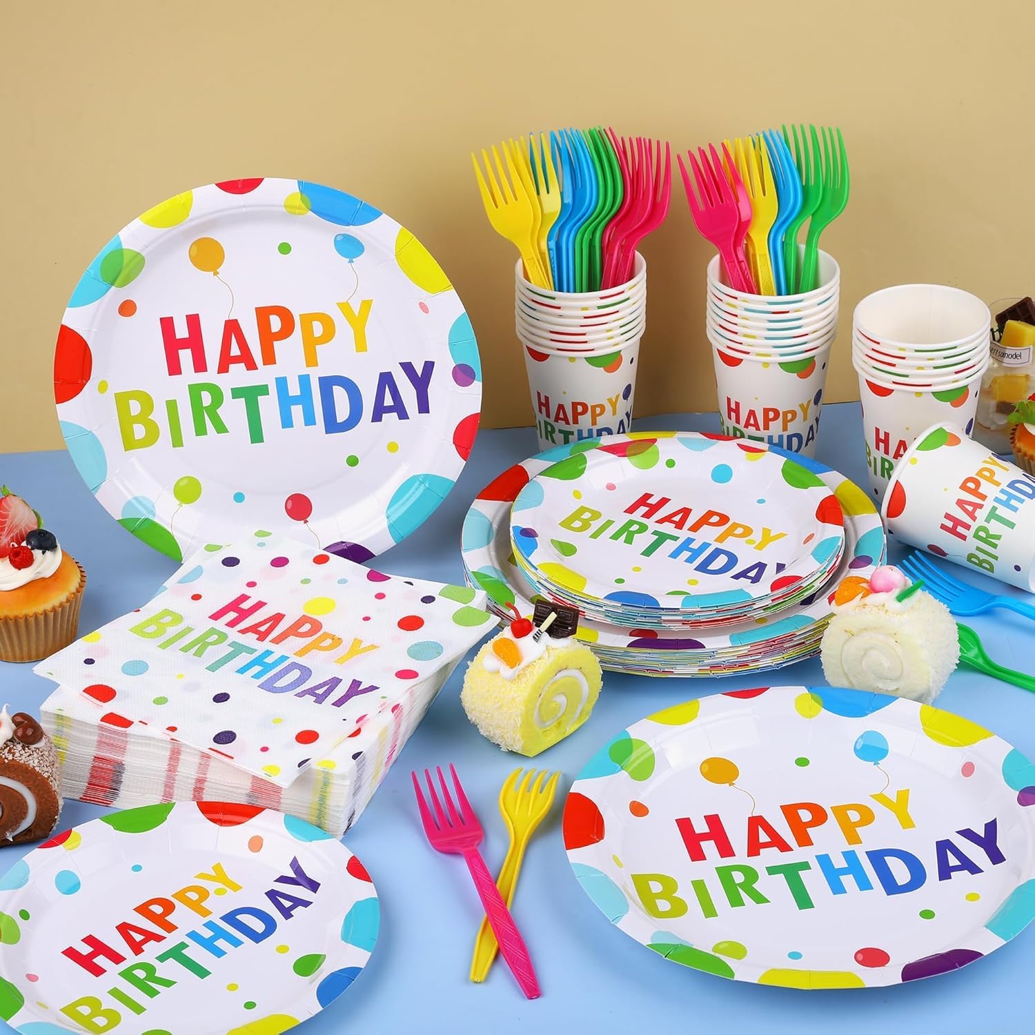 Kochorie 144 Pieces Happy Birthday Print Party Decorations Including Disposable Plates Napkins Cups Forks Tableware Sets Serves 24 for Birthday Party Supplies - Image 4
