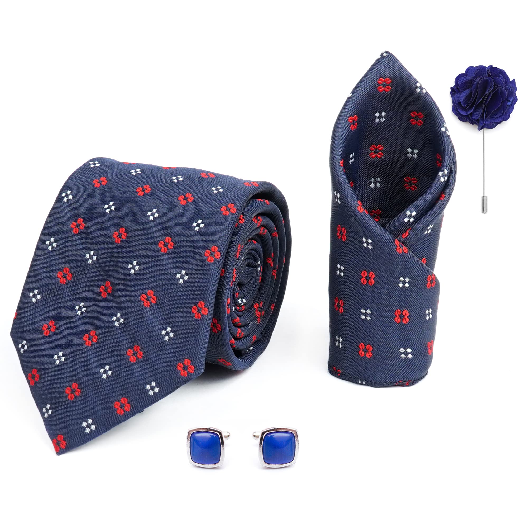 rizoro Mens Plaid Dotted Silk Necktie Gift Set With Pocket Square Cufflinks & Brooch Pin Formal Tie With Leatherite Box (4D3RX Free Size) | (Leather Gift Box) (Pack of 4)-picture-21