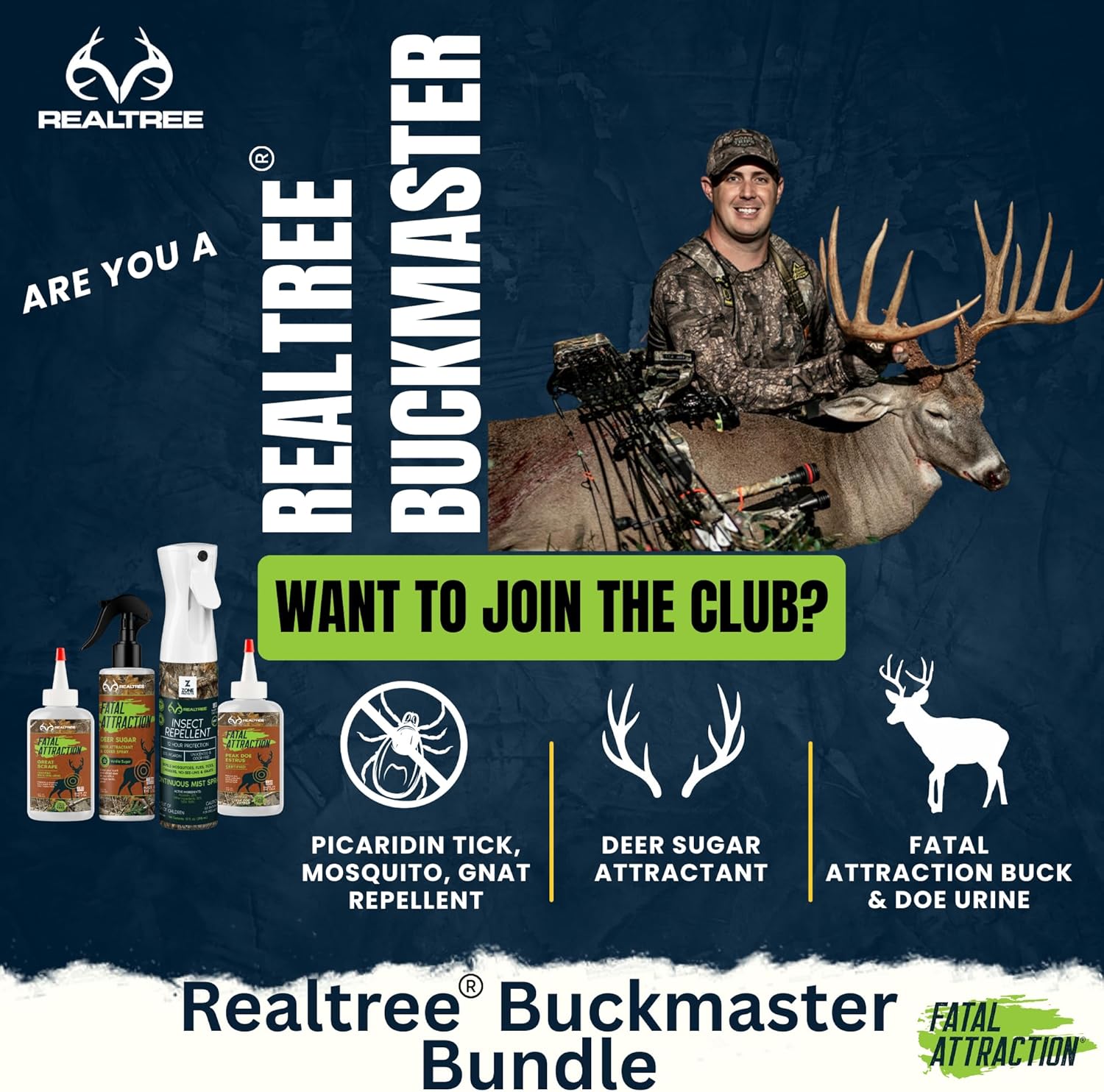 Realtree Buckmaster Bundle – Picaridin Insect Repellent Peak Doe Estrus Great Scrape & Vanillin Cover Scent – Complete Whitetail Hunting Protection & Deer Attractant System