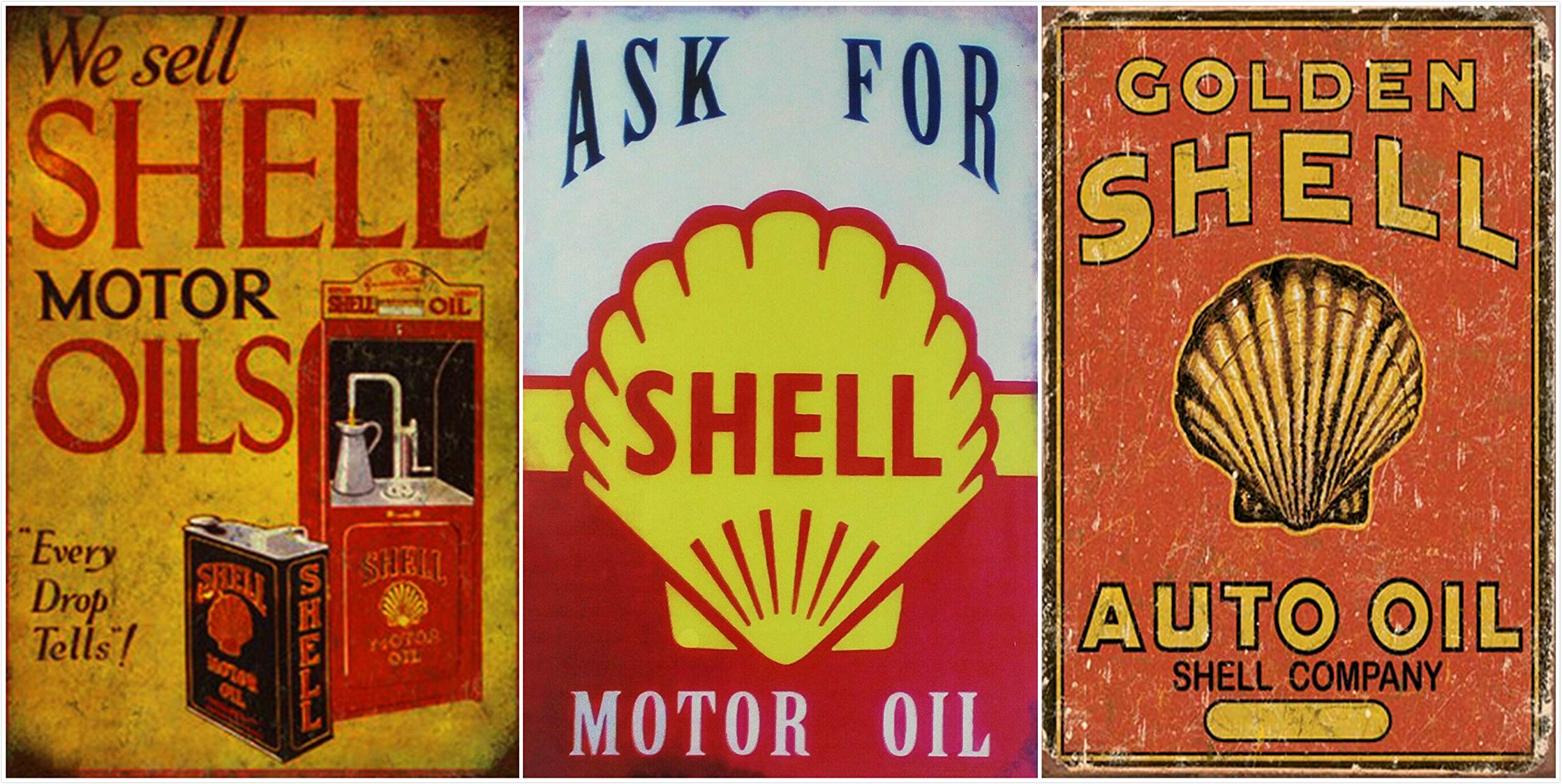 Auggies Set Tin Sign Shell Motor Oil & Gasoline Metal Retro Signs Plaques Wall Decal Vintage Look 12''x8'' (Shell Motor Oil X3)