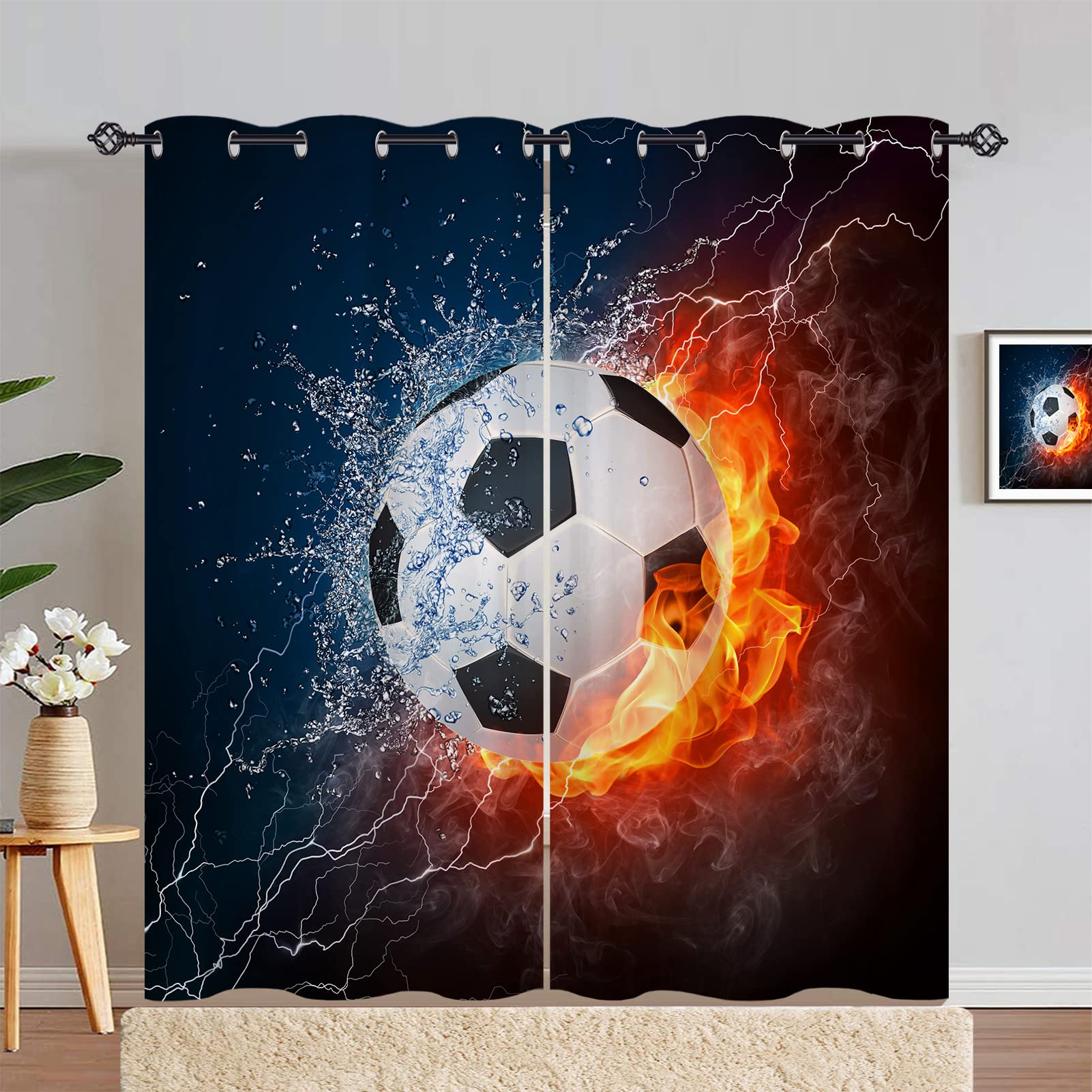 ANHOPE Football Curtains Eyelet Thermal 80% Blackout Curtains with Sports Theme Flame Soccer Print Pattern Soundproof Window Drapes for Kids Boys Bedroom Living Room Door 46 x 84 Inch Drop 2 Panels — image 1
