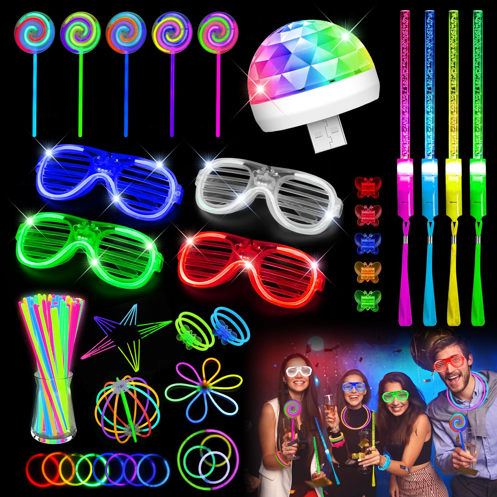 Neon-Party-Set Mit 74 Teilen – Knicklichter, LED-Brillen, Disco-Kugel & Mehr Für Geburtstag & Festival