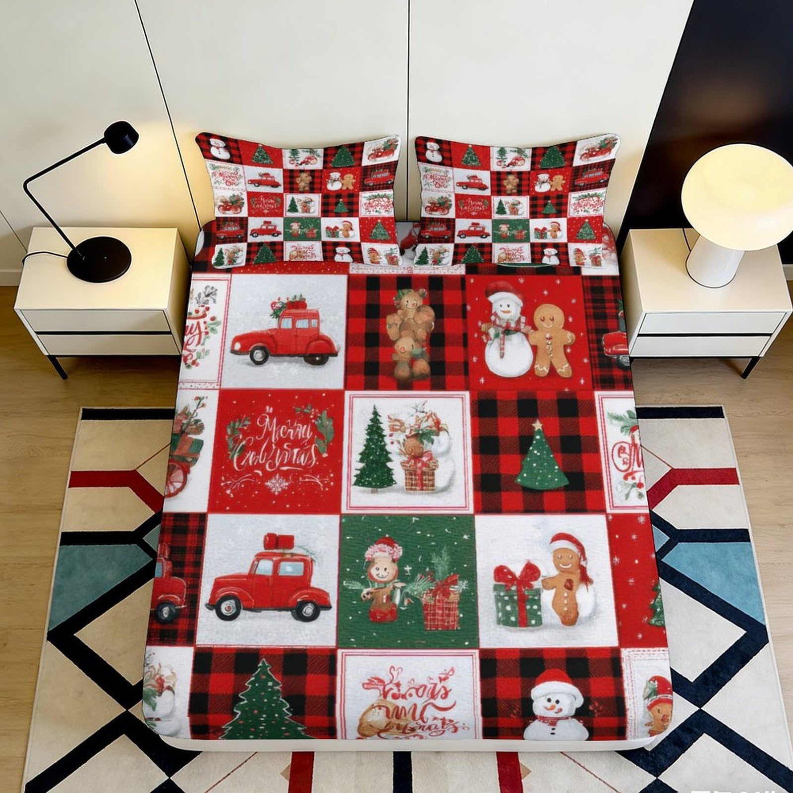 3D Printed Christmas Patchwork Fitted Sheet Microfiber Red Plaid Snowman Bed Cover for Bedroom Guest Room Decor 90x200x25cm