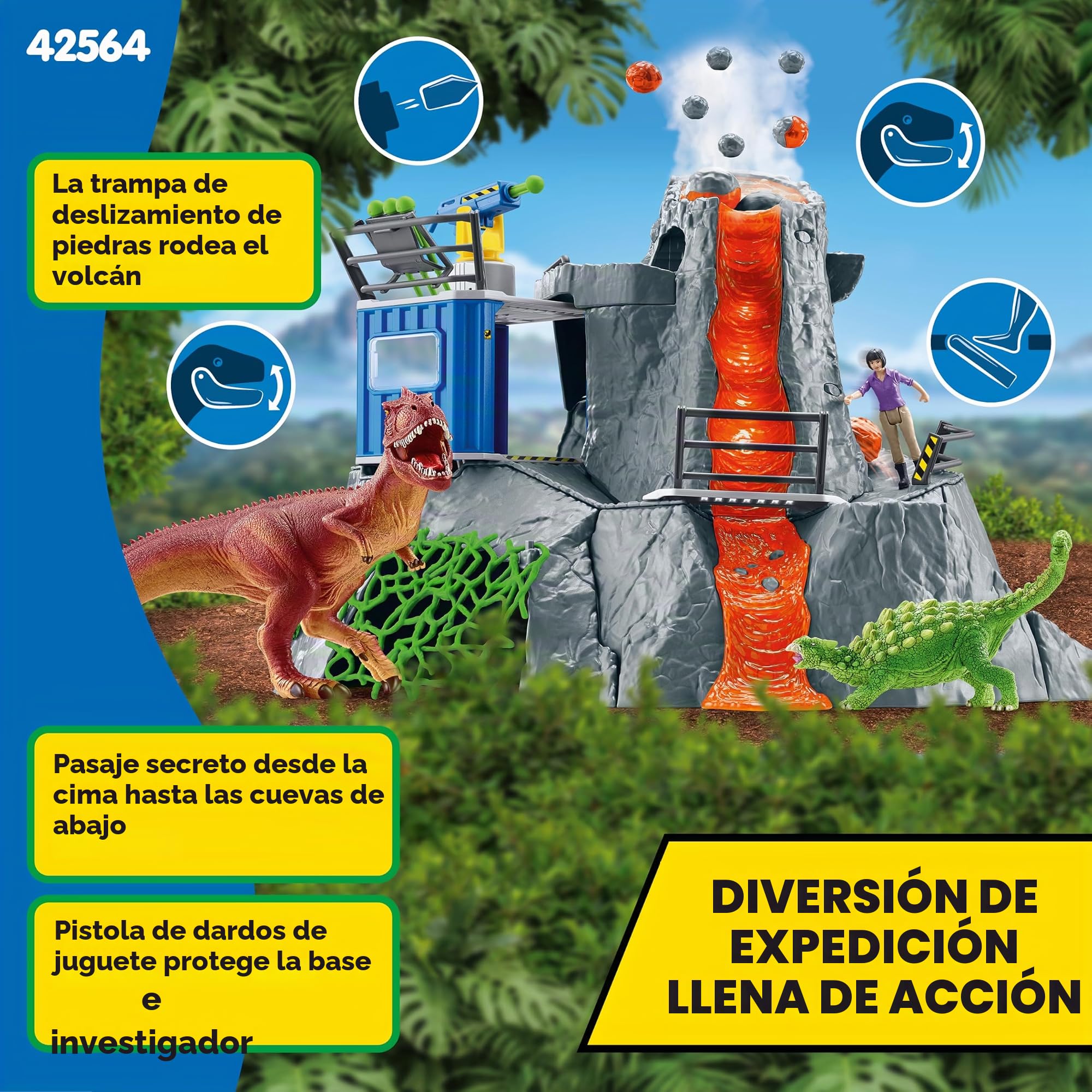 Schleich 42564 Playset - Gran expedición al volcán (Dinosaurs) | Juego a partir de 5 años | Set con figuras, muchas funciones y numerosos accesorios