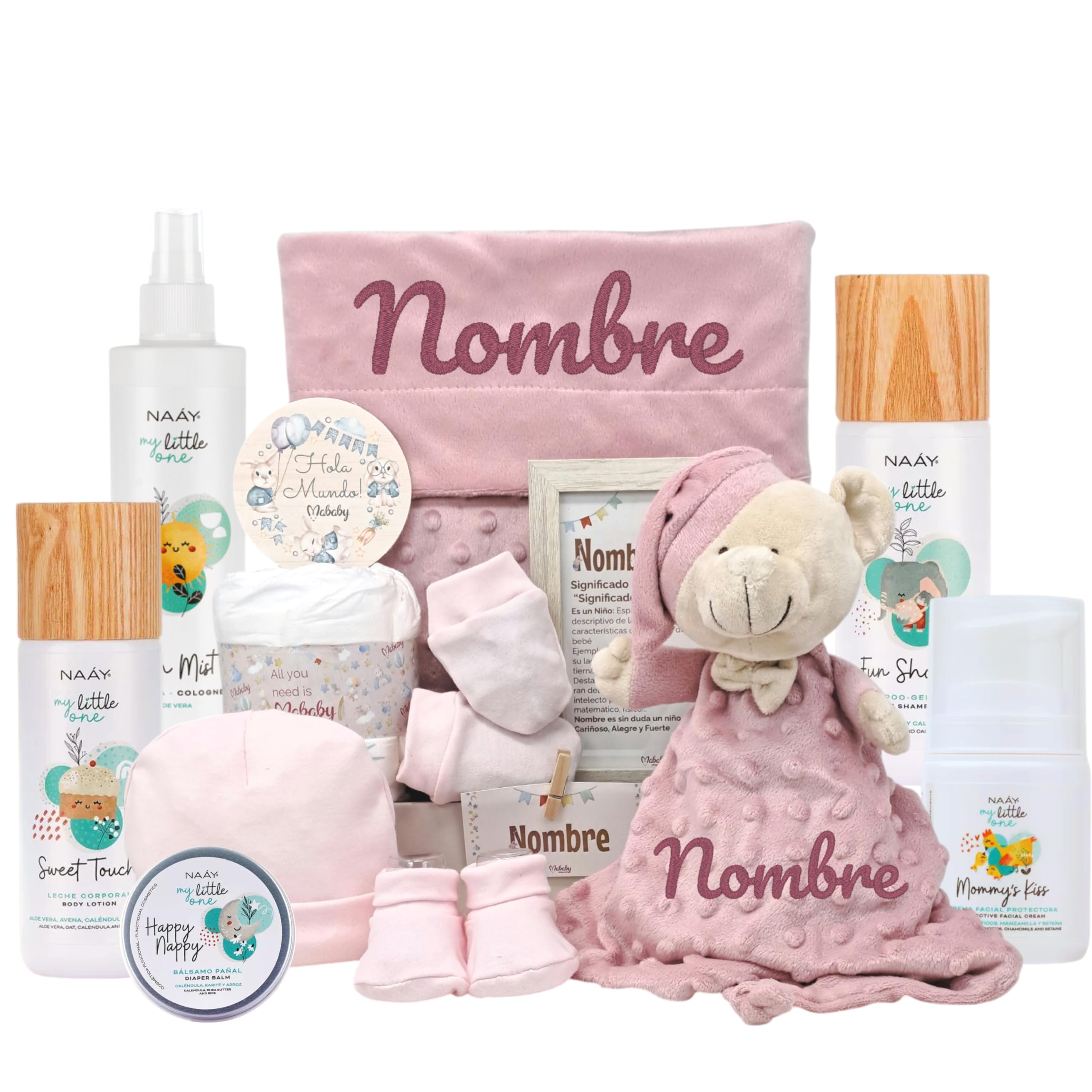 Cesta de Bebé Personalizada My Little Velvet (Maquillaje) | Cesta bebé personalizada con cosmética natural, dou dou bordado, mini pastel de pañales y marco con significado del nombre