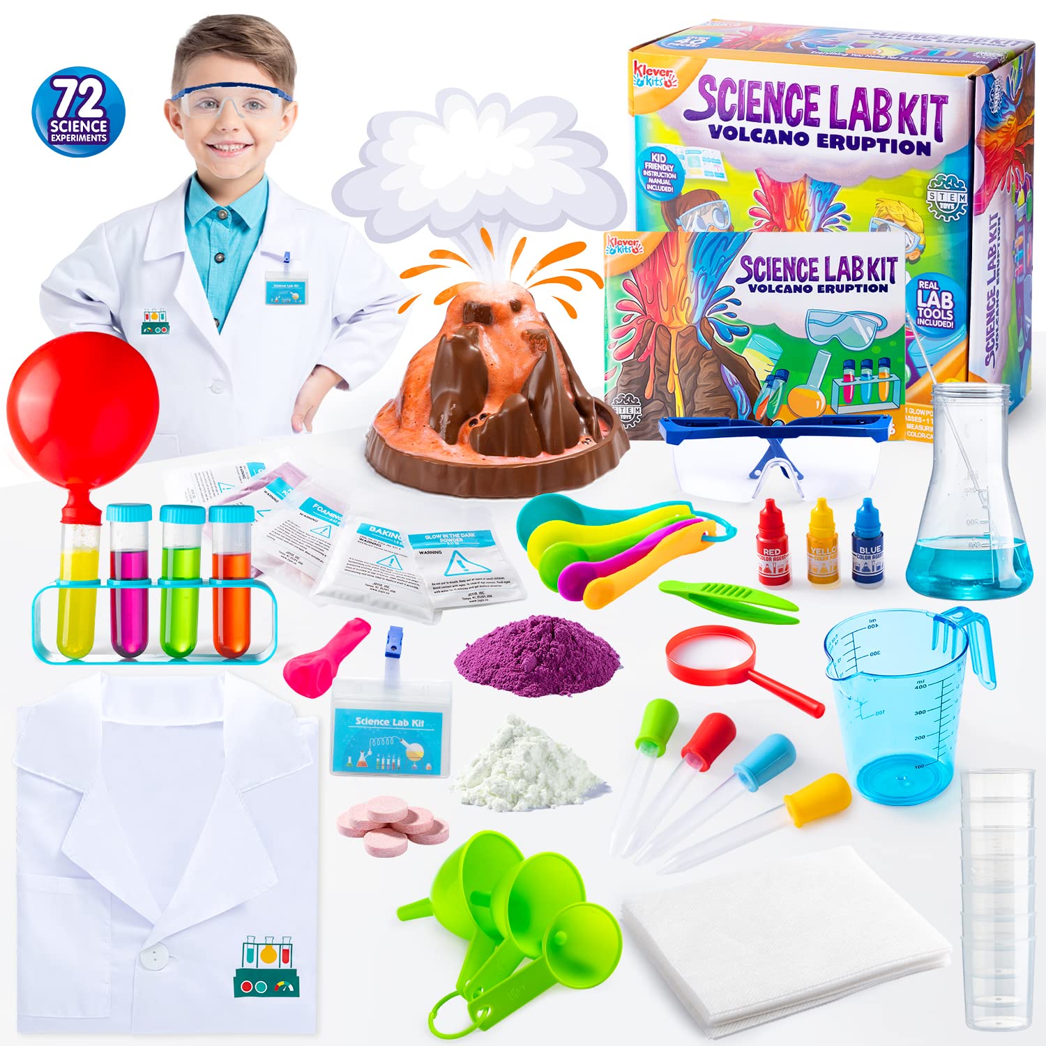 Klever Kits72 Science Kits for Kids, Scientific Experiments Magic Set with Lab Coat, Erupting Volcano, Chemistry STEM Projects, Educational Gifts Toy Activities for Girls & Boys 6 Years+
