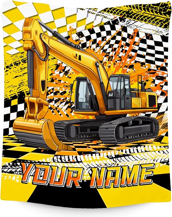 Custom Kids Blanket, Construction Truck Blankets for Boys, Personalized Excavator Throw for Boys Men Adults, Soft Plush Throw for Car Lovers, 50"x60"